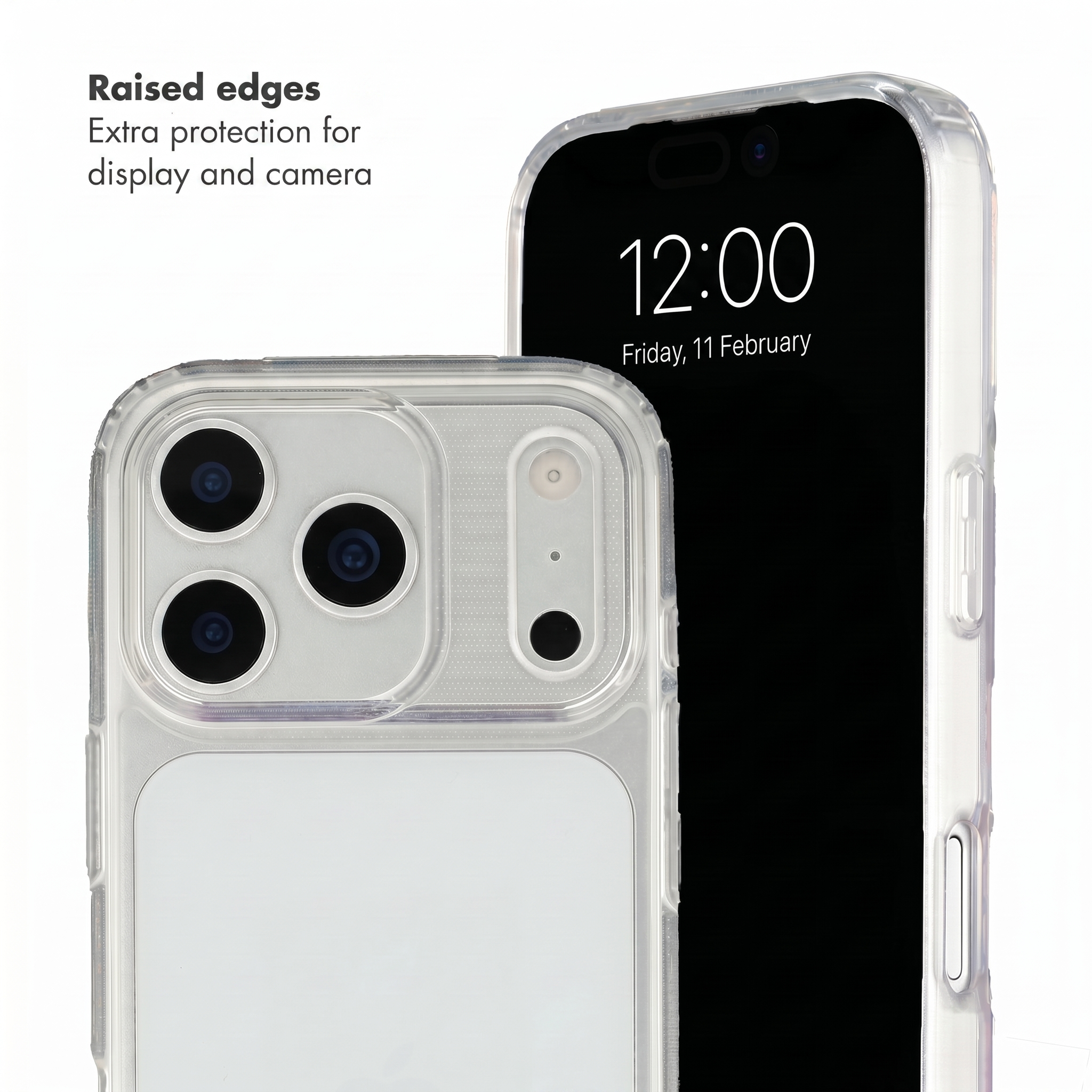 Ein Smartphone in einer klaren Hülle zeigt erhöhte Kanten als extra Schutz für Display und Kamera.