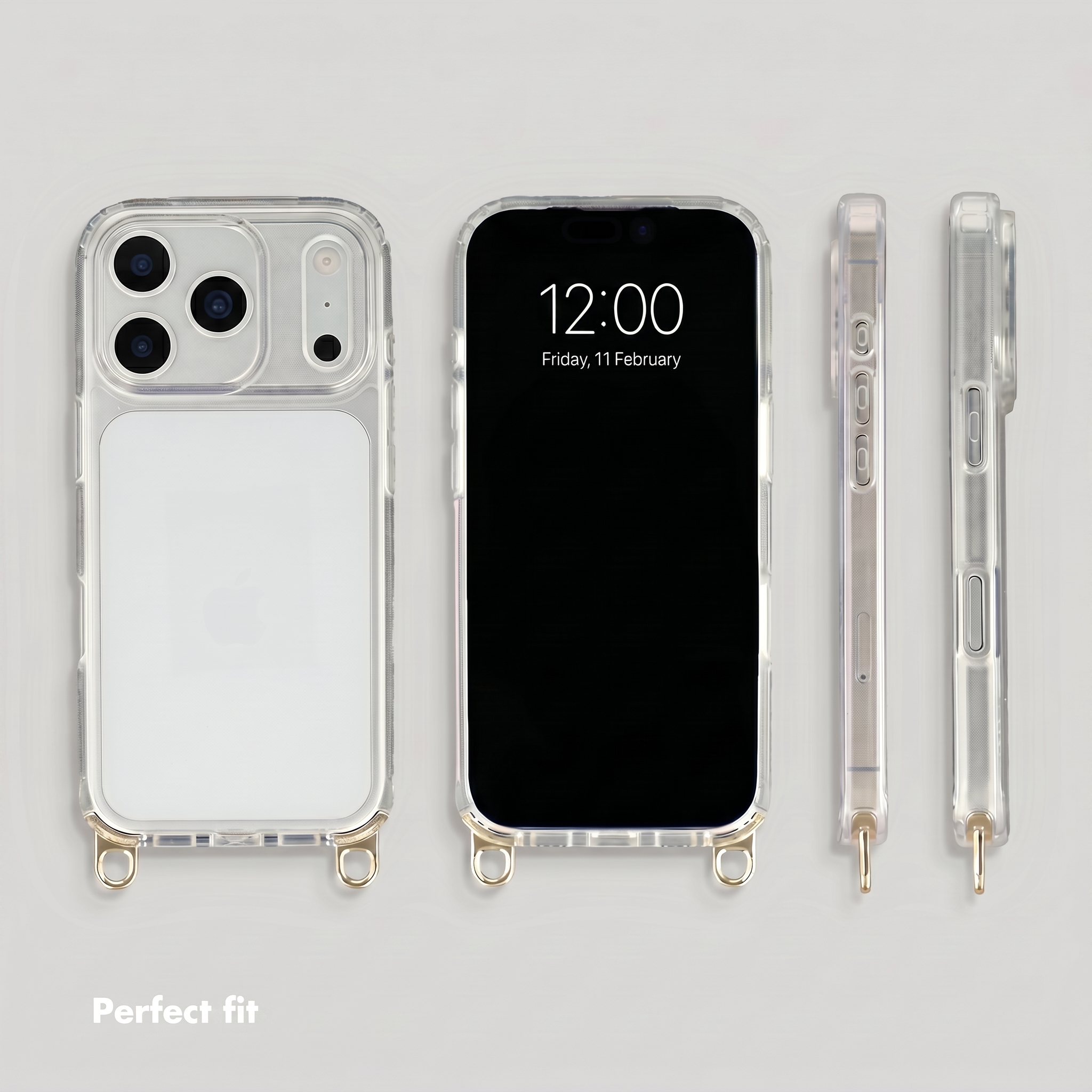 Verschiedene Ansichten einer transparenten Handyhülle mit goldenen Ösen und eingelegtem Smartphone.