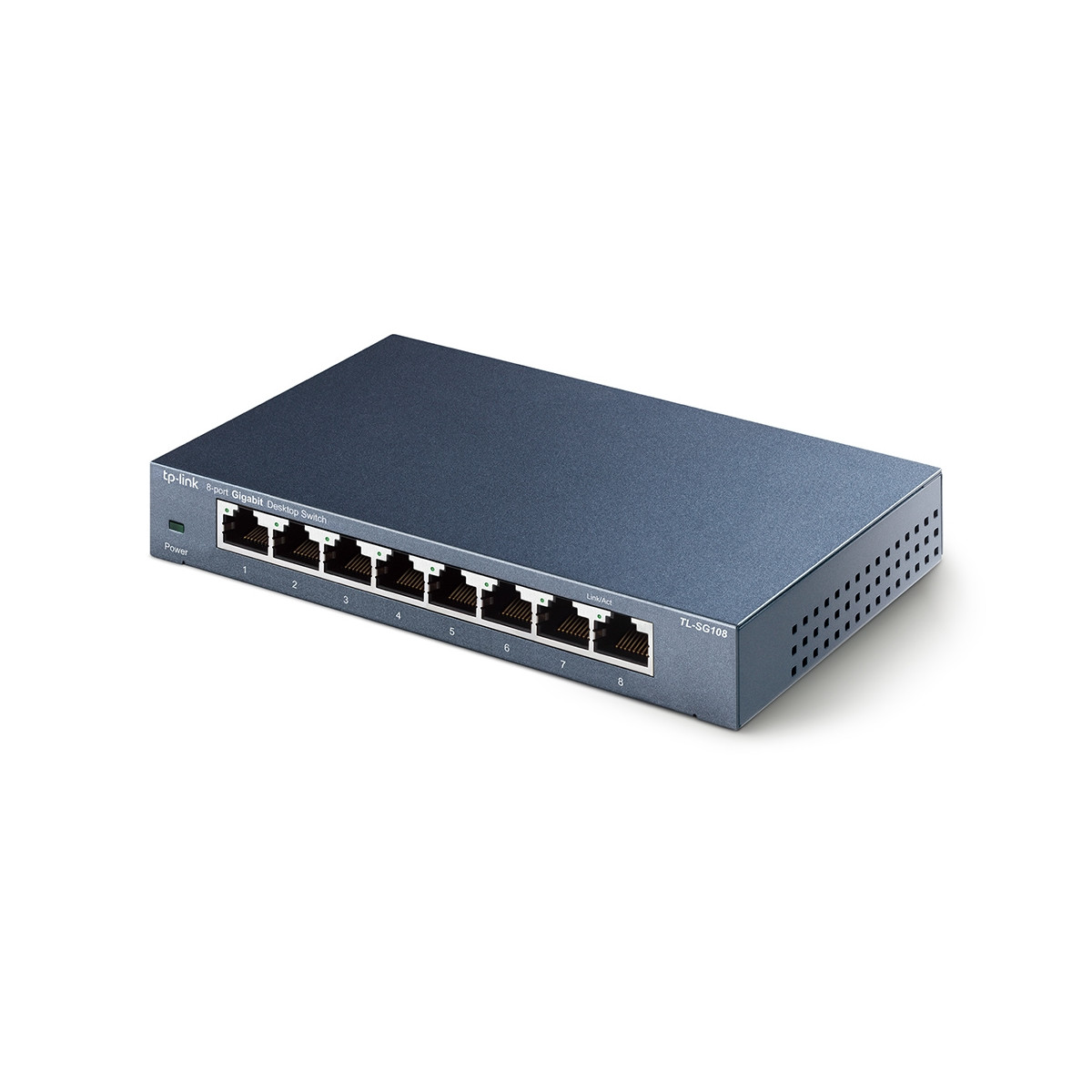 Szary 8-portowy przełącznik biurkowy Gigabit TP-Link z ośmioma oznaczonymi portami na białym tle.