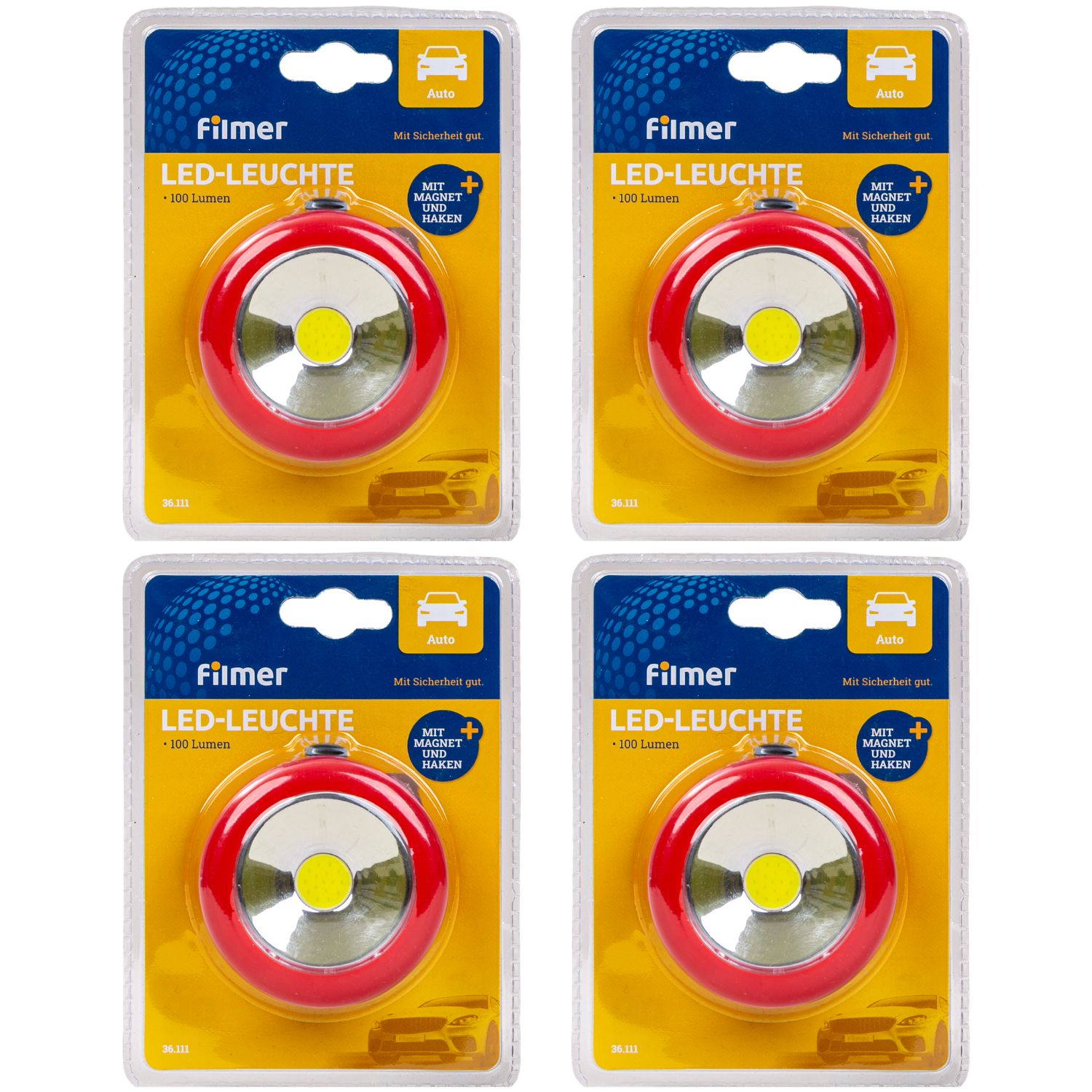Vier identische Verpackungen von Filmer LED-Leuchten mit rotem Gehäuse und gelbem Hintergrund.