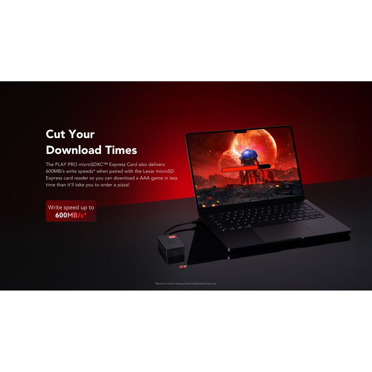 Ein schwarzer Laptop und ein Kartenleser auf rotem Hintergrund mit weißem Text.