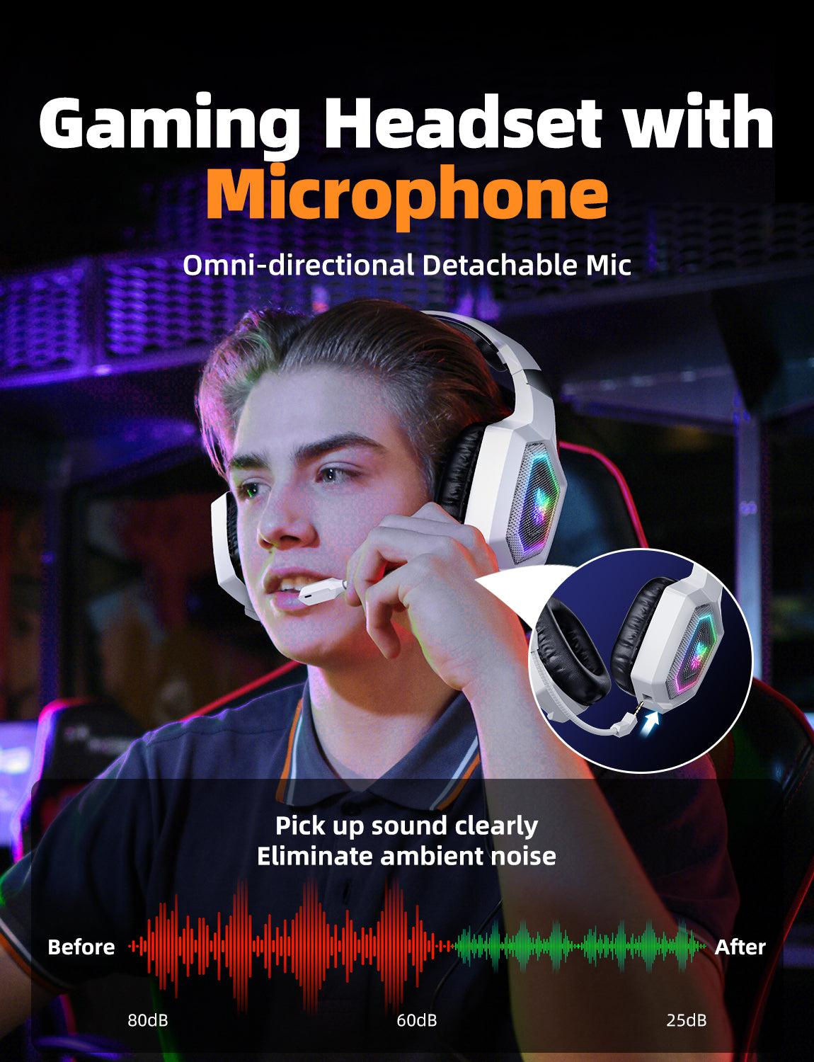 Un giovane indossa cuffie da gioco bianche con microfono, accompagnate da grafiche di onde sonore.