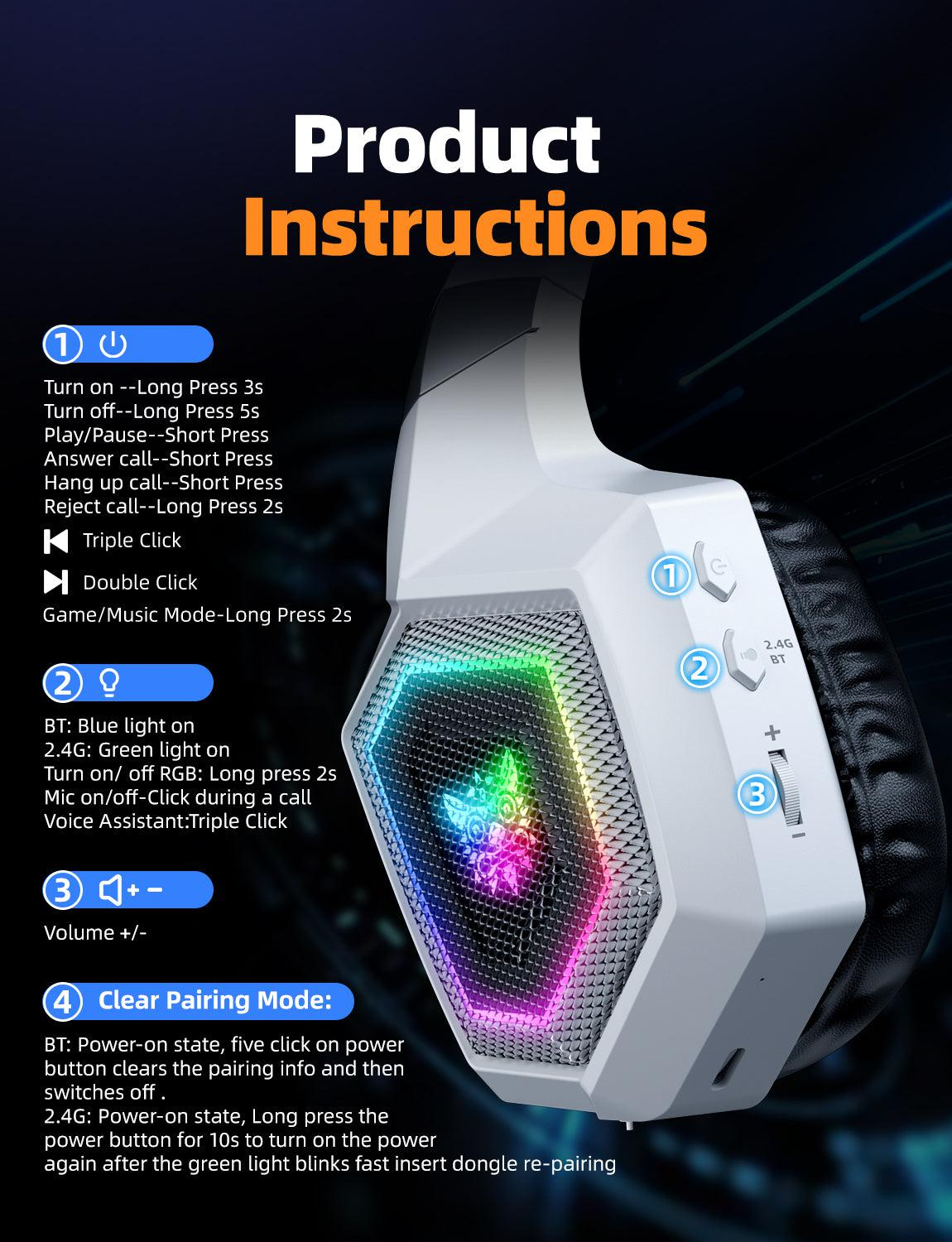 Istruzioni per cuffie da gioco con illuminazione RGB e controlli a pulsante.