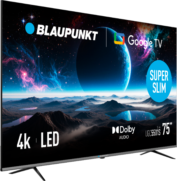 Telewizor Blaupunkt 75 cali 4K LED Google TV wyświetla kosmiczny krajobraz z planetą i górami.