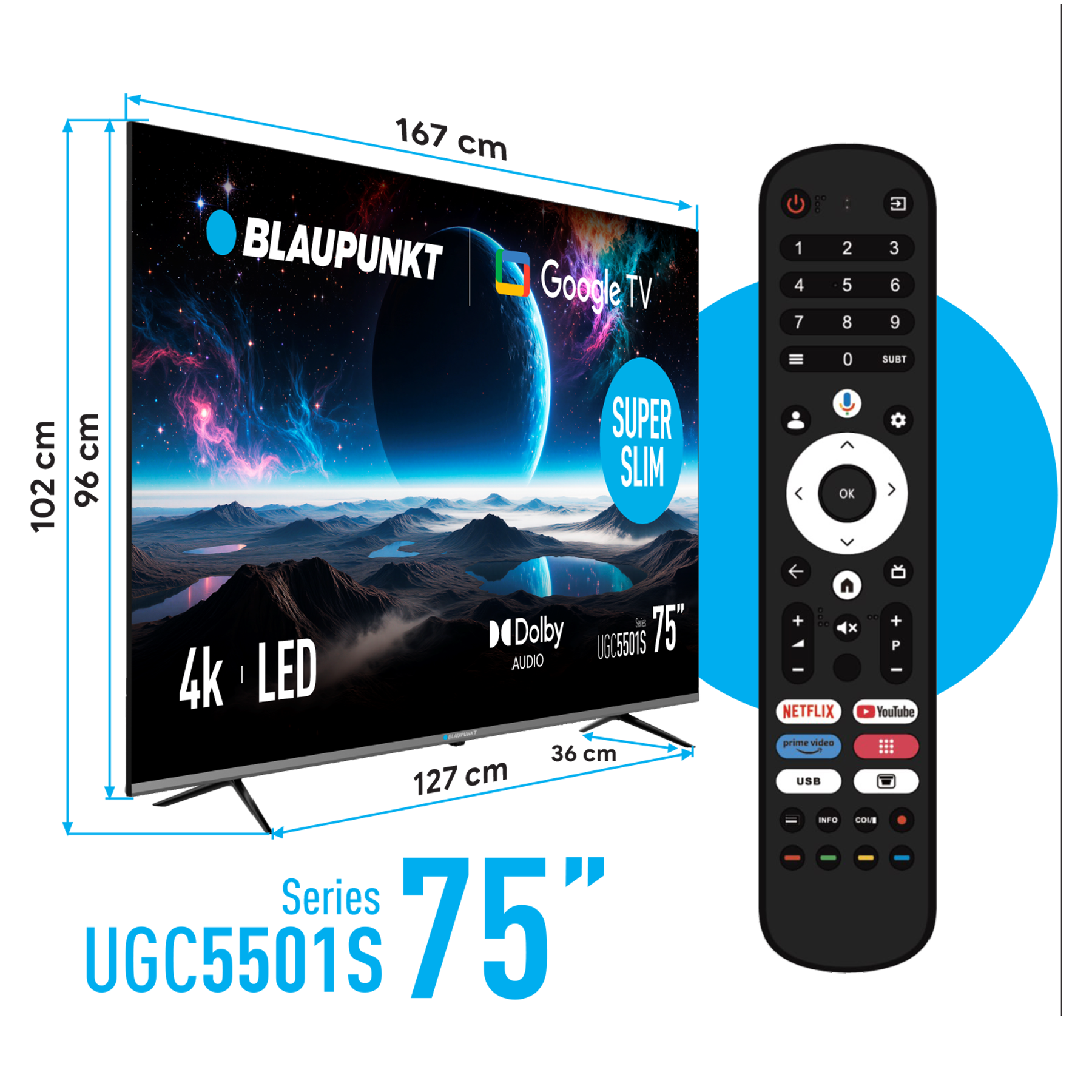 75-calowy telewizor Blaupunkt Google TV z wymiarami, grafiką ekranową i pilotem na białym tle.