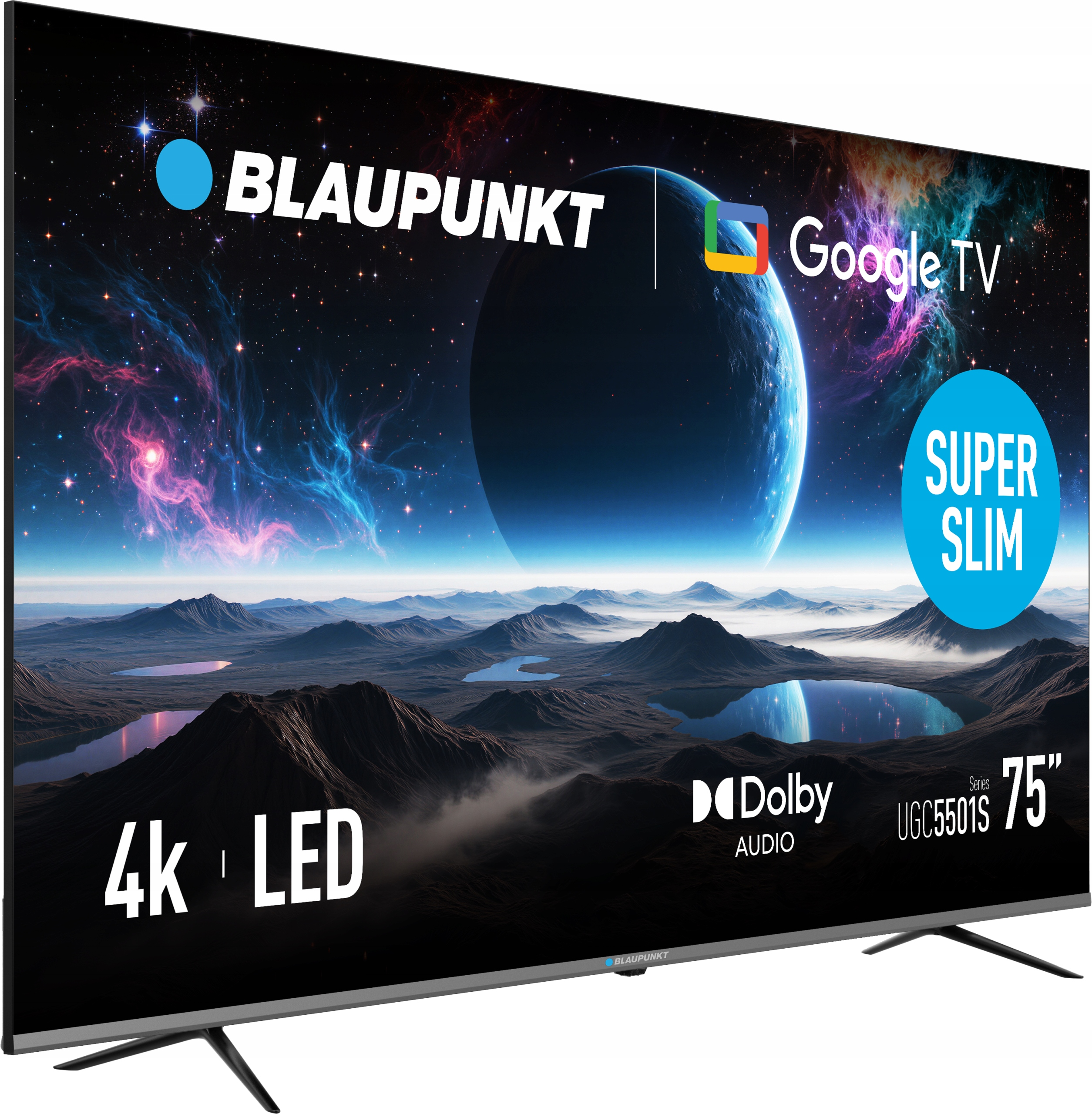 75-calowy telewizor Blaupunkt 4K LED Google TV z mgławicą kosmiczną, górami i napisami.