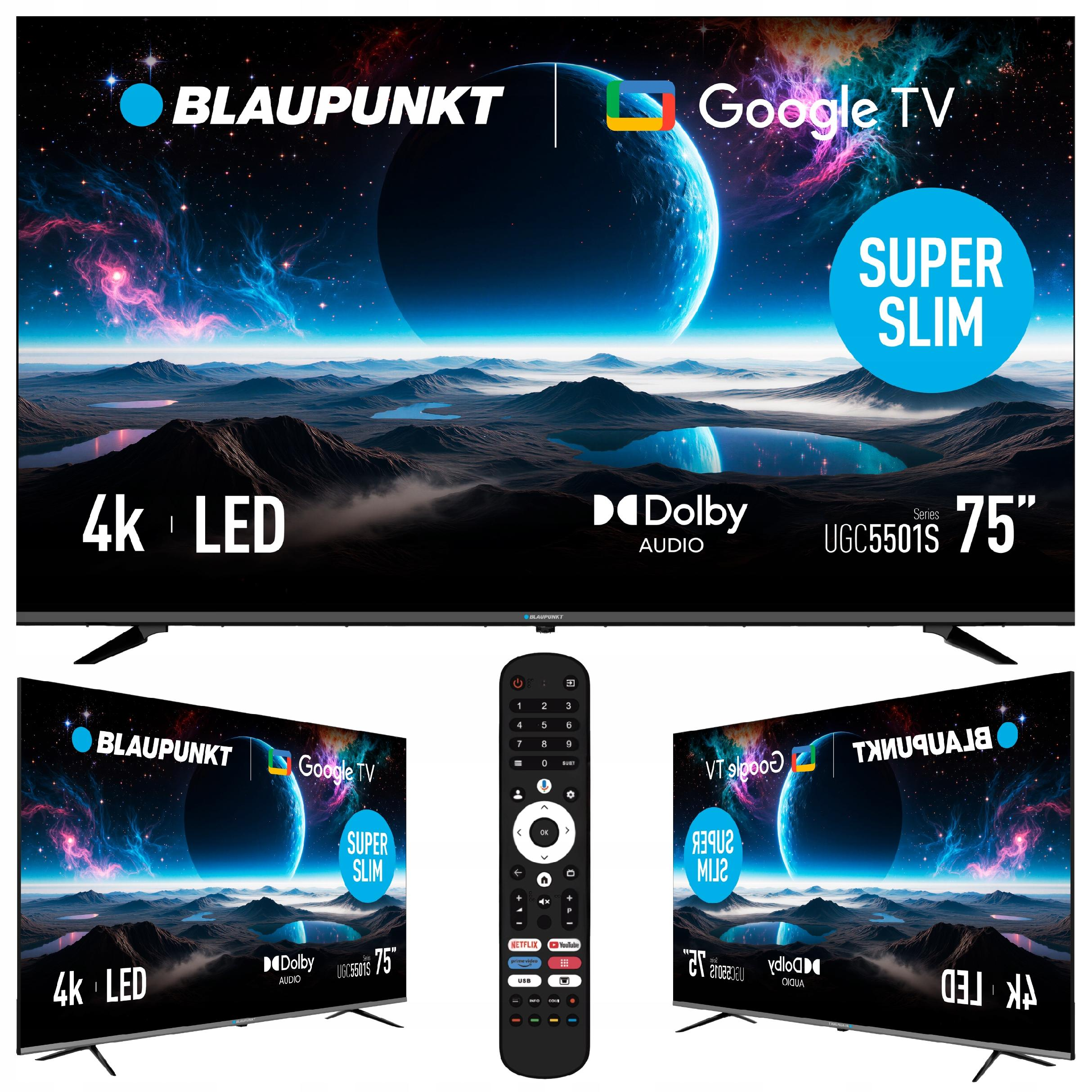 75-calowy telewizor Blaupunkt Google TV z ekranem 4K LED, Dolby Audio, supercienkim designem i pilotem.