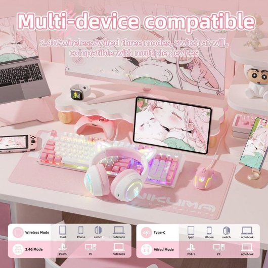 Postazione da gioco rosa con tastiera, cuffie, monitor e tablet in stile anime.