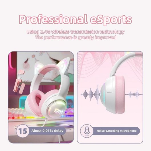 Cuffie da gioco rosa e bianche con orecchie di gatto, tecnologia wireless e microfono.