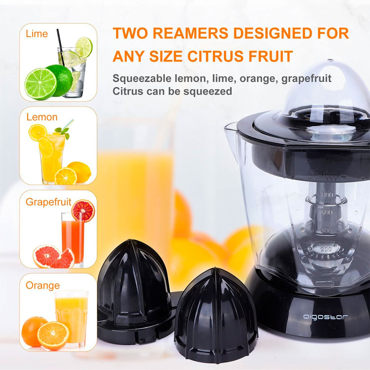 Schwarze elektrische Zitruspresse mit zwei Aufsätzen und Beispielen für Limetten, Zitronen, Grapefruits und Orangen.