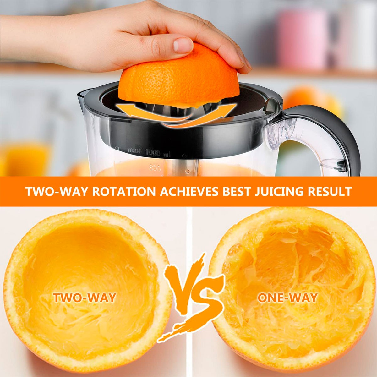 Eine Hand presst eine Orange aus und vergleicht Zwei-Wege- und Ein-Wege-Ergebnisse.