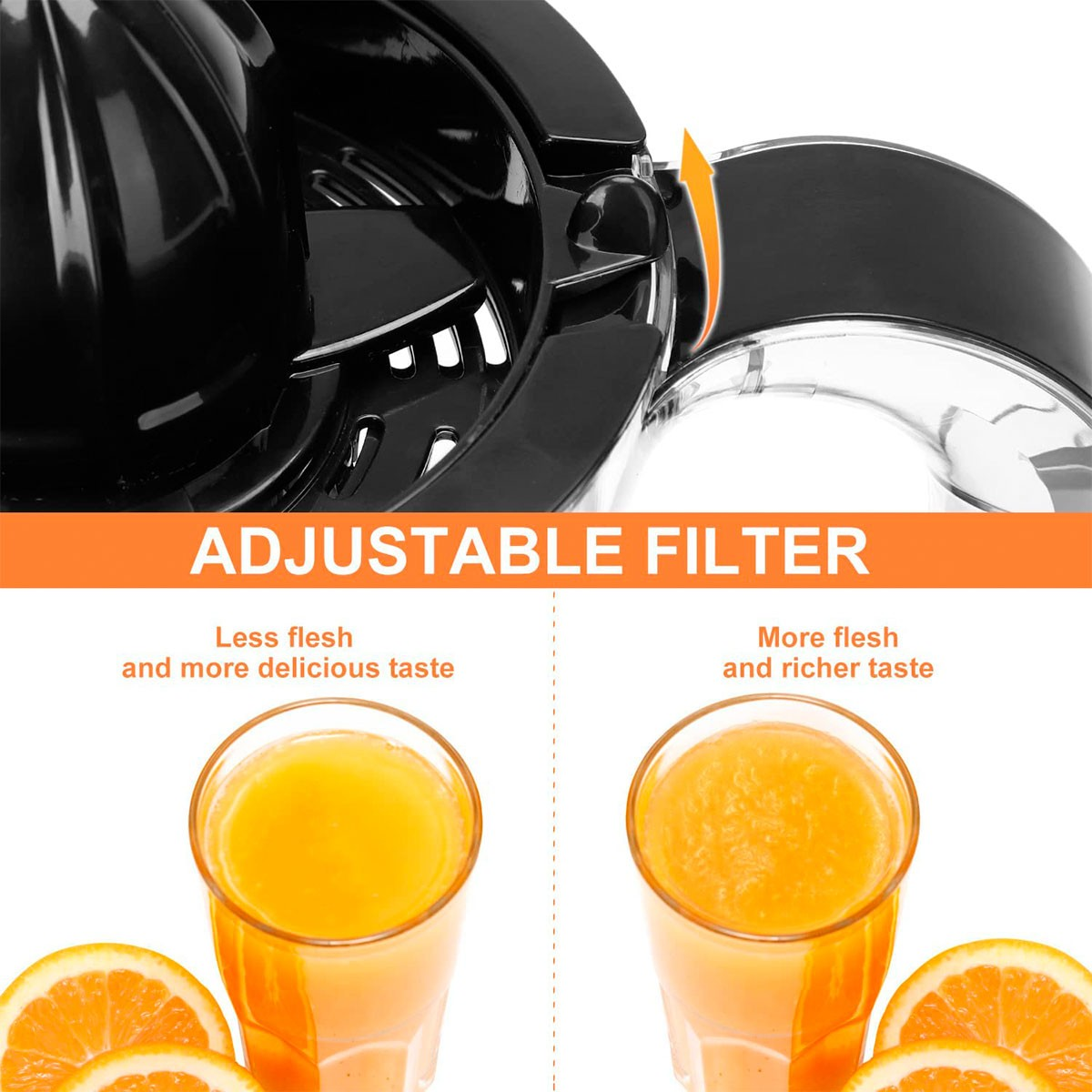 Vergleich eines verstellbaren Zitruspressenfilters für Saft mit weniger oder mehr Fruchtfleisch.
