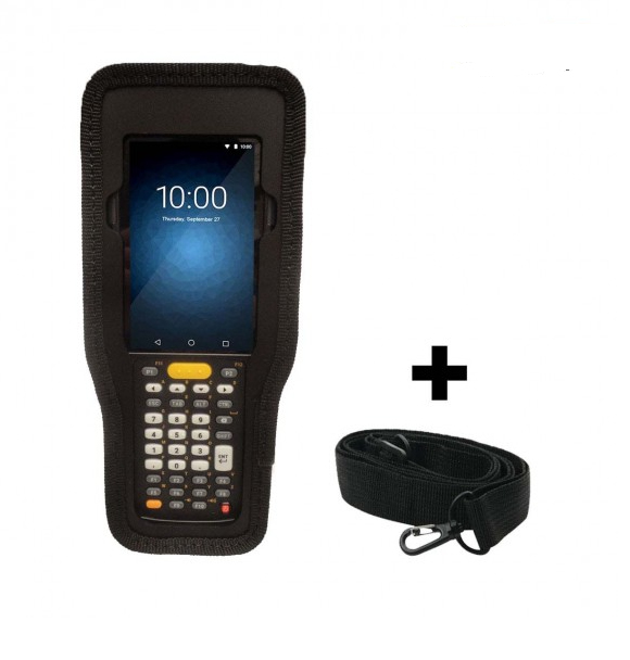 Un terminal de datos portátil negro en una funda protectora junto a una correa negra enrollada con gancho.