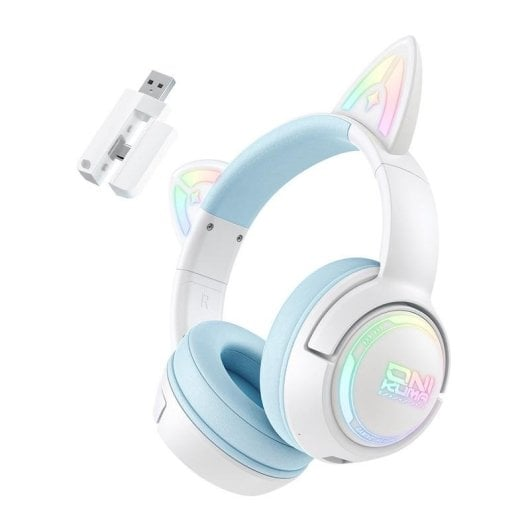 Cuffie da gaming wireless blu e bianche con orecchie da gatto, luci RGB e dongle USB.