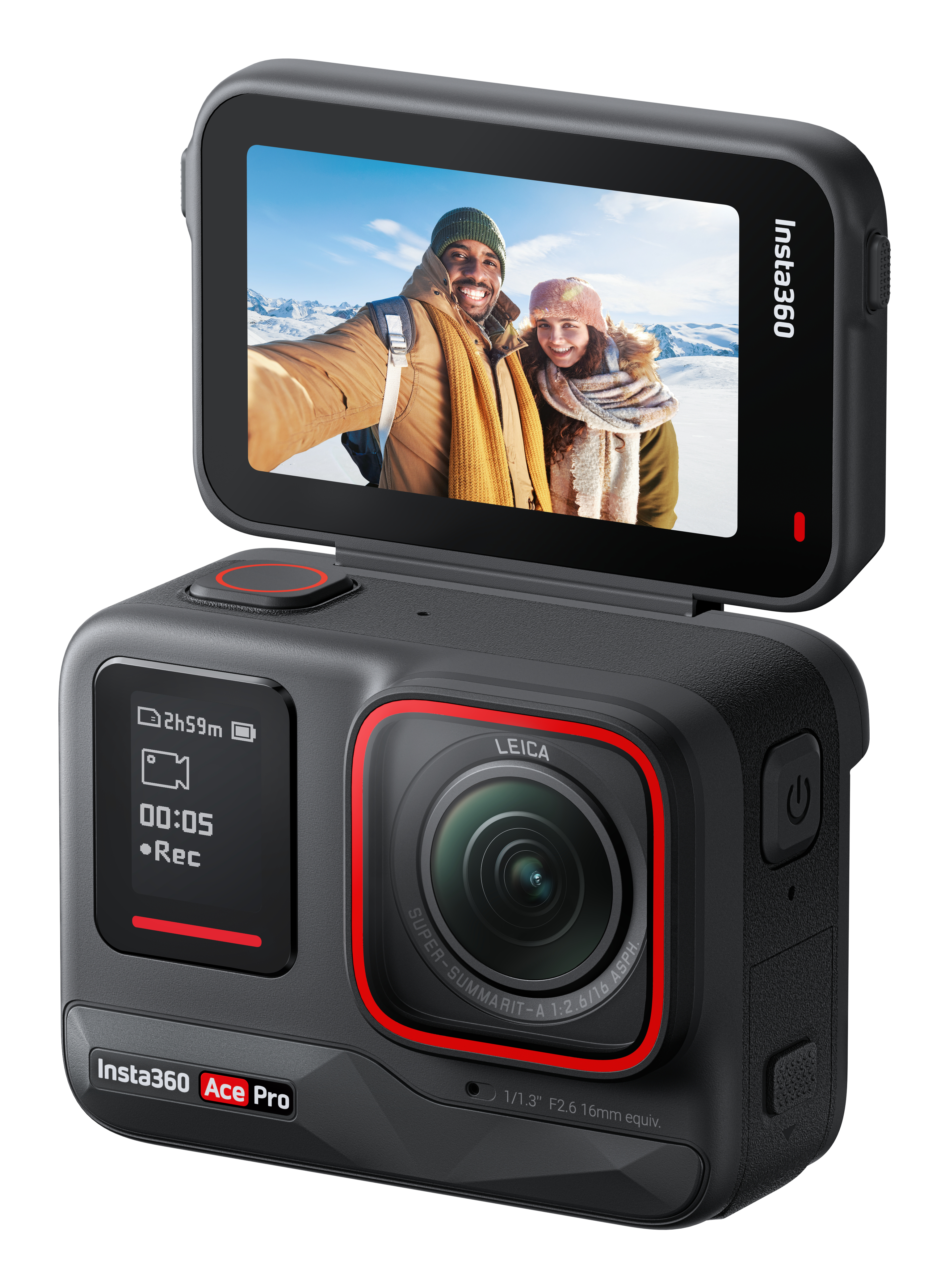 Cámara de acción negra Insta360 Ace Pro con lente Leica y pantalla abatible que muestra a una pareja en la nieve.