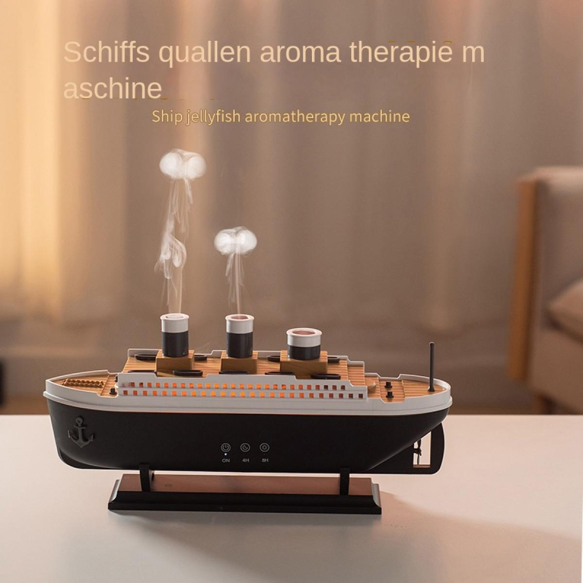 Eine schiffsförmige Aromatherapiemaschine auf einem Tisch stößt Rauch aus zwei ihrer drei Schornsteine aus.