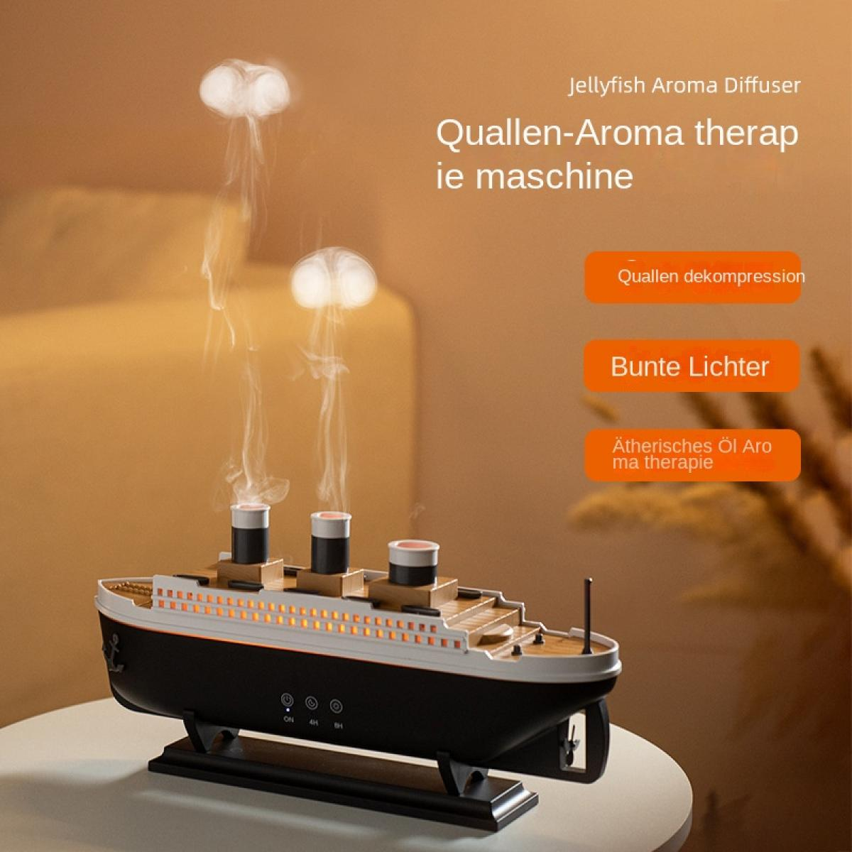 Ein schiffsförmiger Aroma-Diffusor auf einem Tisch, der Rauchringe ausstößt, mit Werbetext rechts.