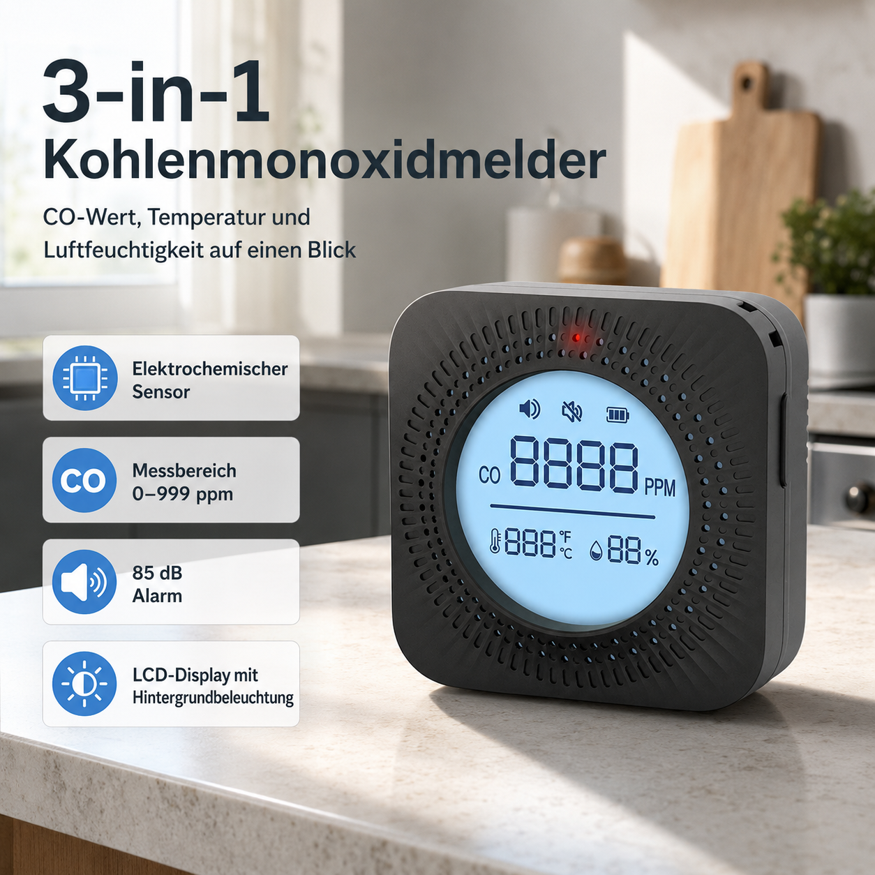 Ein schwarzer CO-Melder mit blauem LCD-Display steht auf einer Küchenarbeitsplatte.