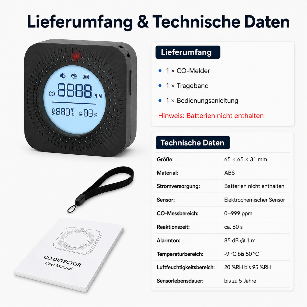 Schwarzer CO-Melder mit LCD-Display, Trageband, Bedienungsanleitung und technischer Datentabelle.