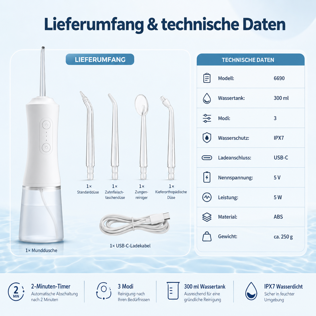 Weißer Munddusche mit vier Düsenaufsätzen, USB-C-Kabel und Tabelle technischer Daten.