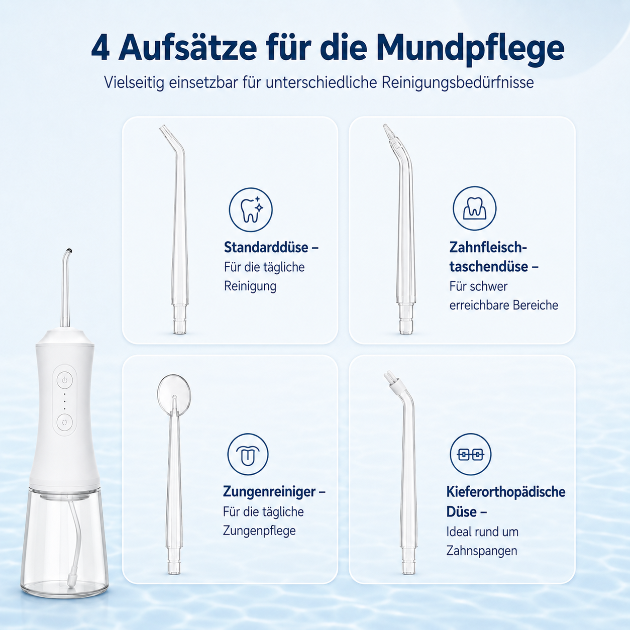 Eine weiße Munddusche mit vier verschiedenen Aufsätzen für die Zahnpflege.