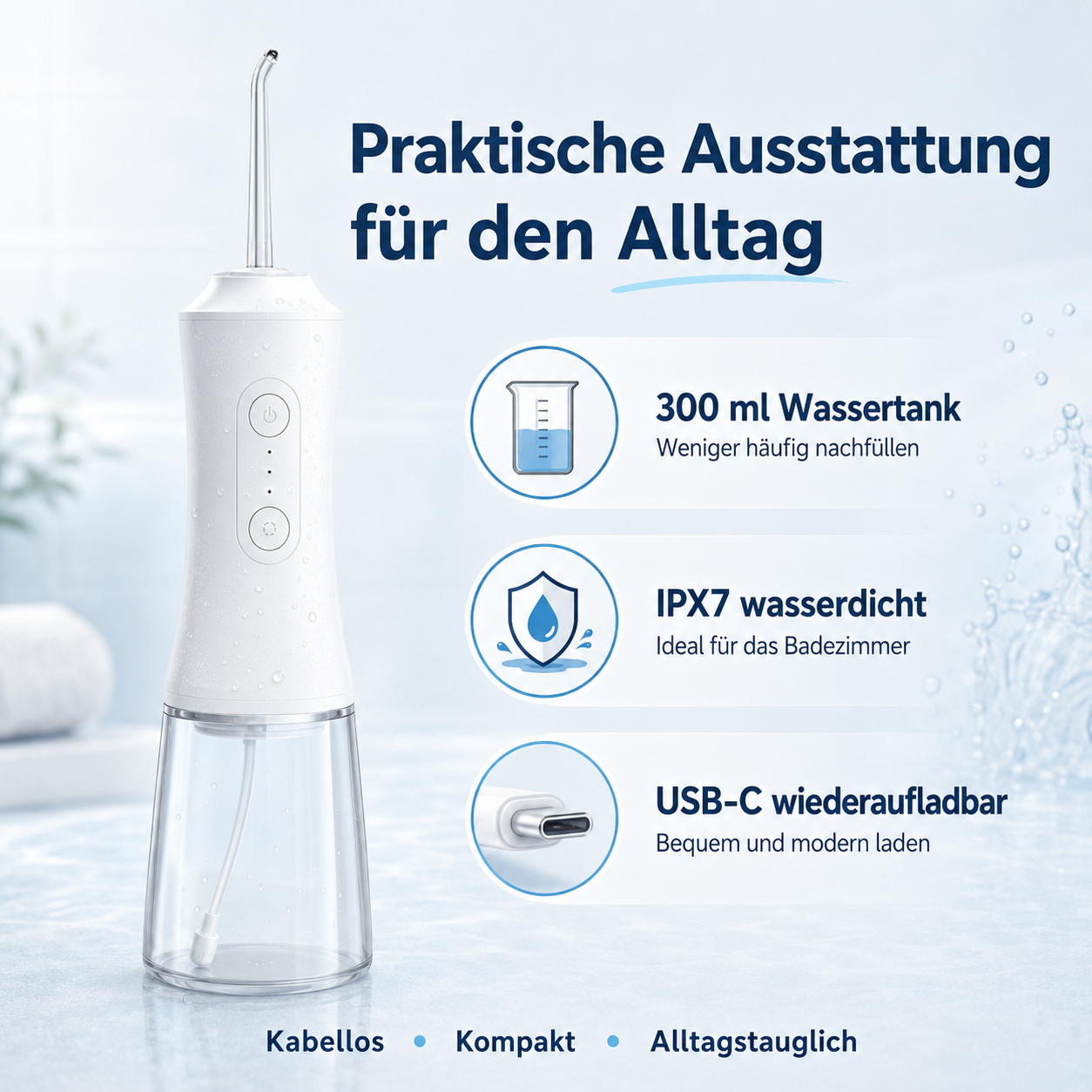 Weiße Munddusche mit Features: 300ml Wassertank, IPX7 wasserdicht, USB-C aufladbar.