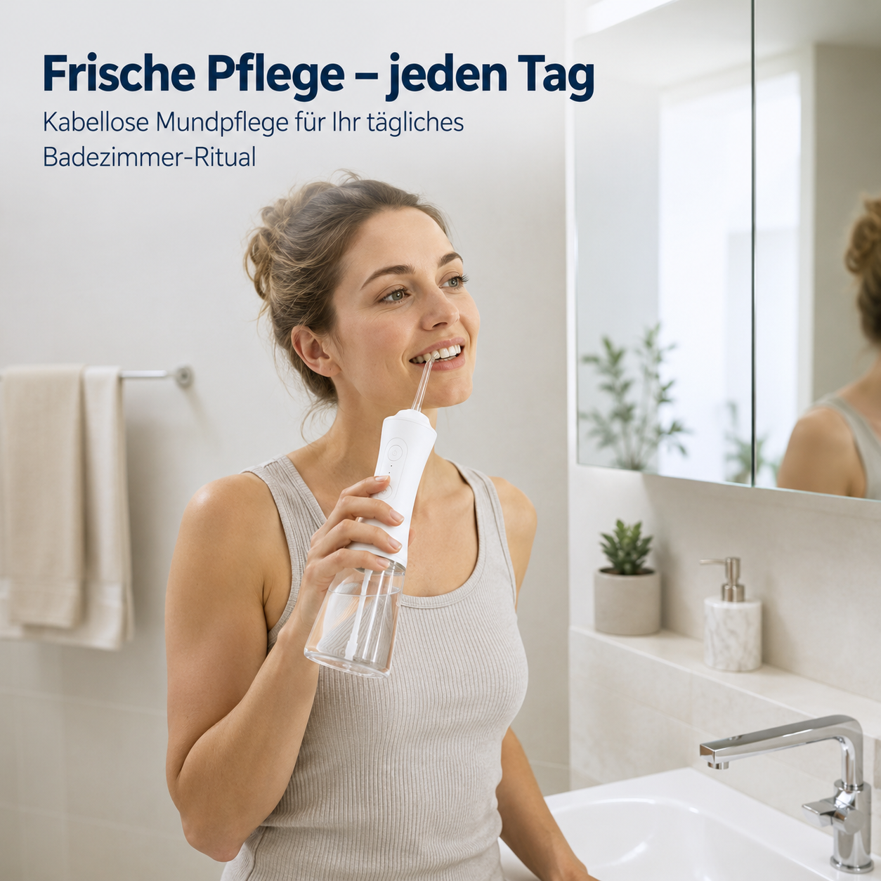 Eine Frau nutzt eine weiße kabellose Munddusche vor einem Badezimmerspiegel.