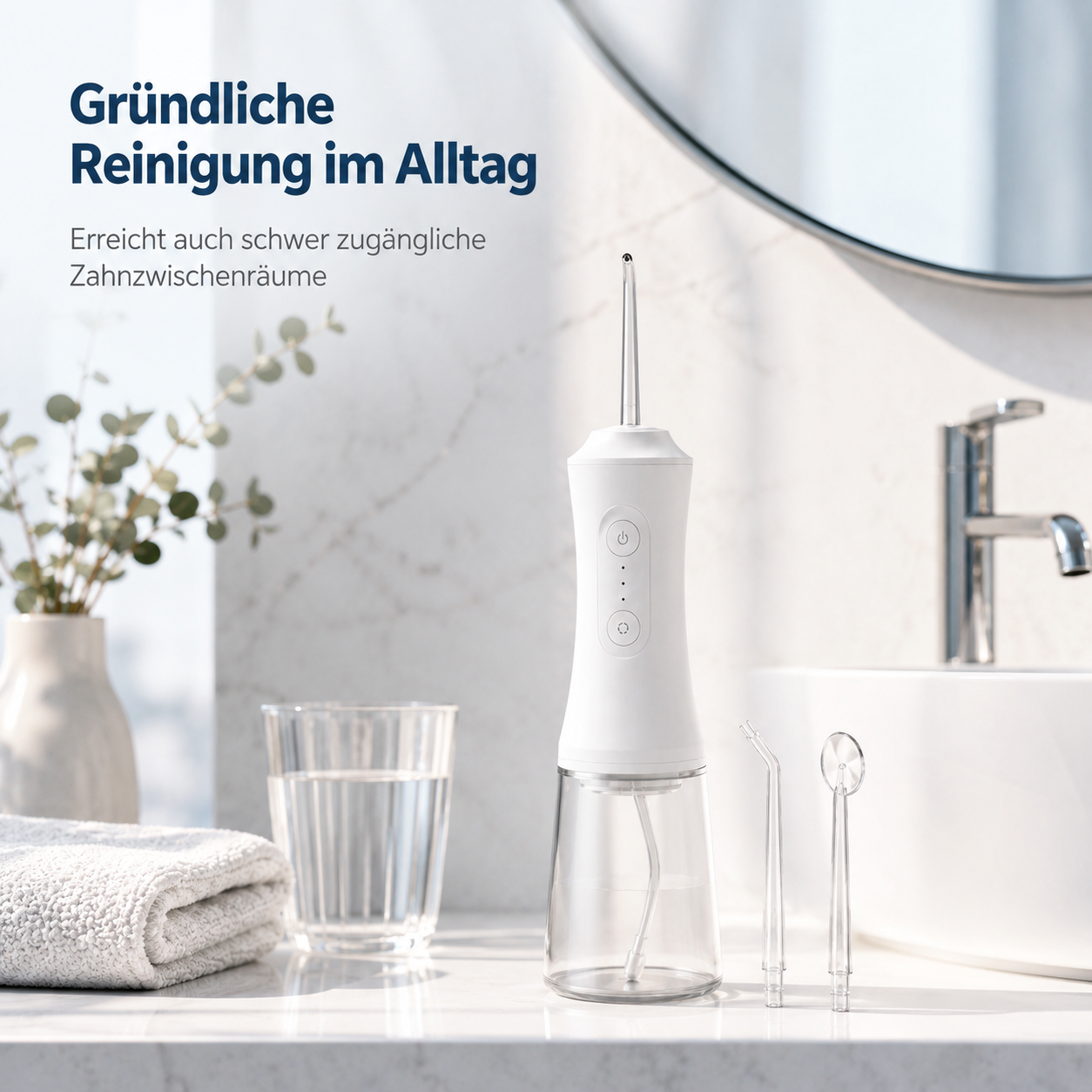 Weißer Munddusche auf weißer Badablage mit Glas, Handtuch und Pflanze.