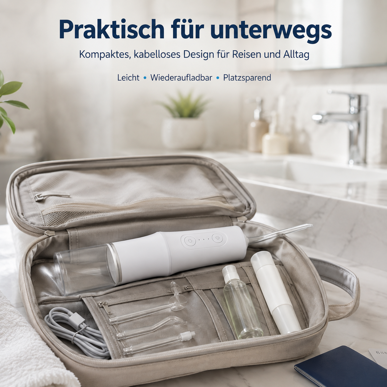 Ein offenes Reiseetui auf einer Theke enthält eine weiße Munddusche, Düsen, Kabel und kleine Flaschen mit Text oben.