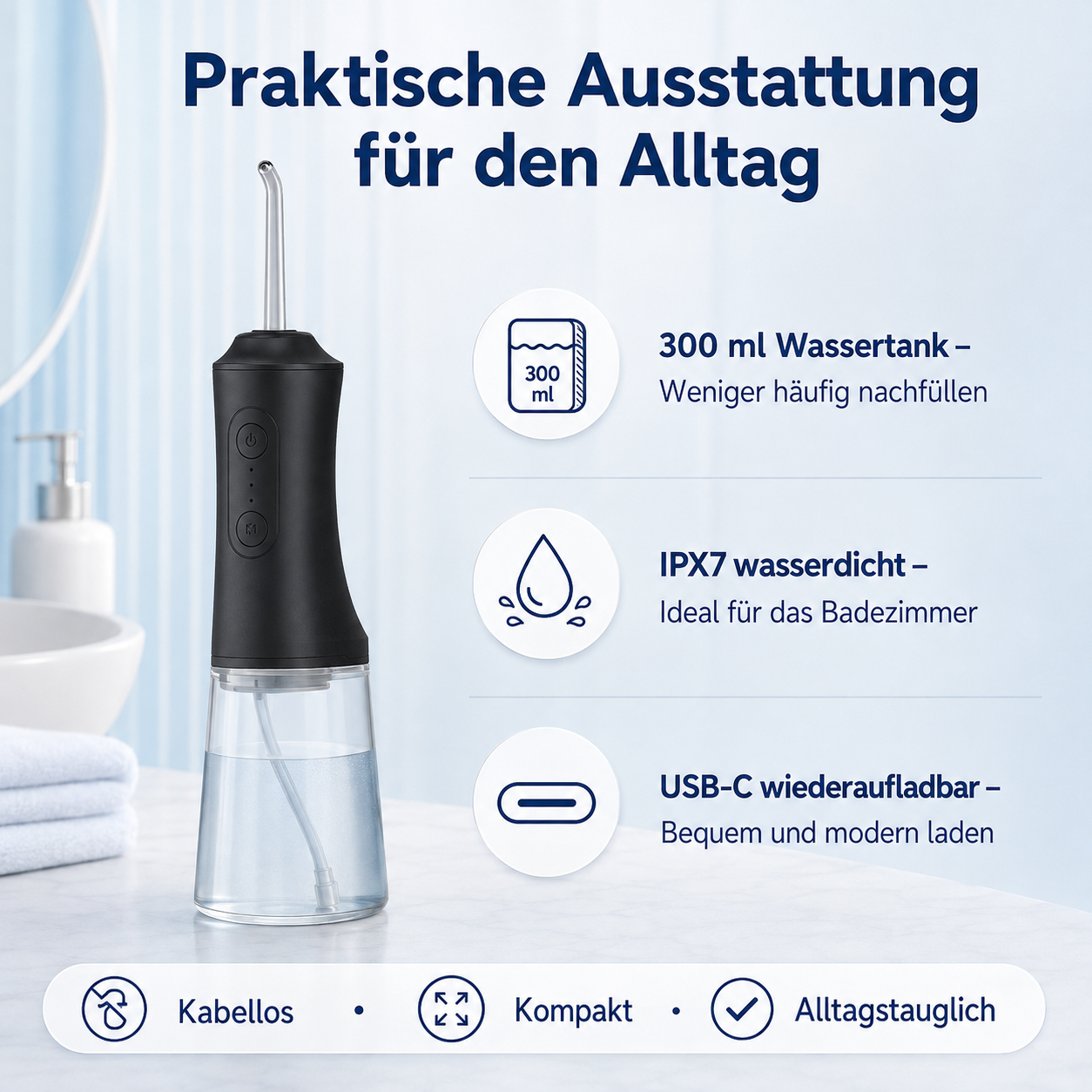 Schwarze kabellose Munddusche auf einem Marmorwaschtisch mit drei Infografiken zu Wassertank, Wasserdichtigkeit und USB-C.