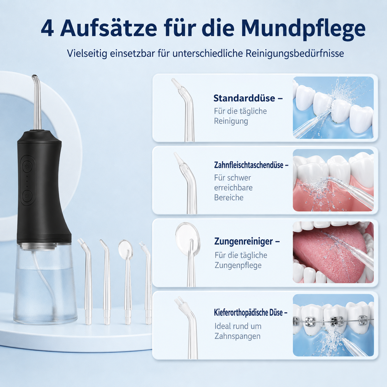 Eine schwarze Munddusche mit vier verschiedenen Aufsätzen für die Zahnpflege.