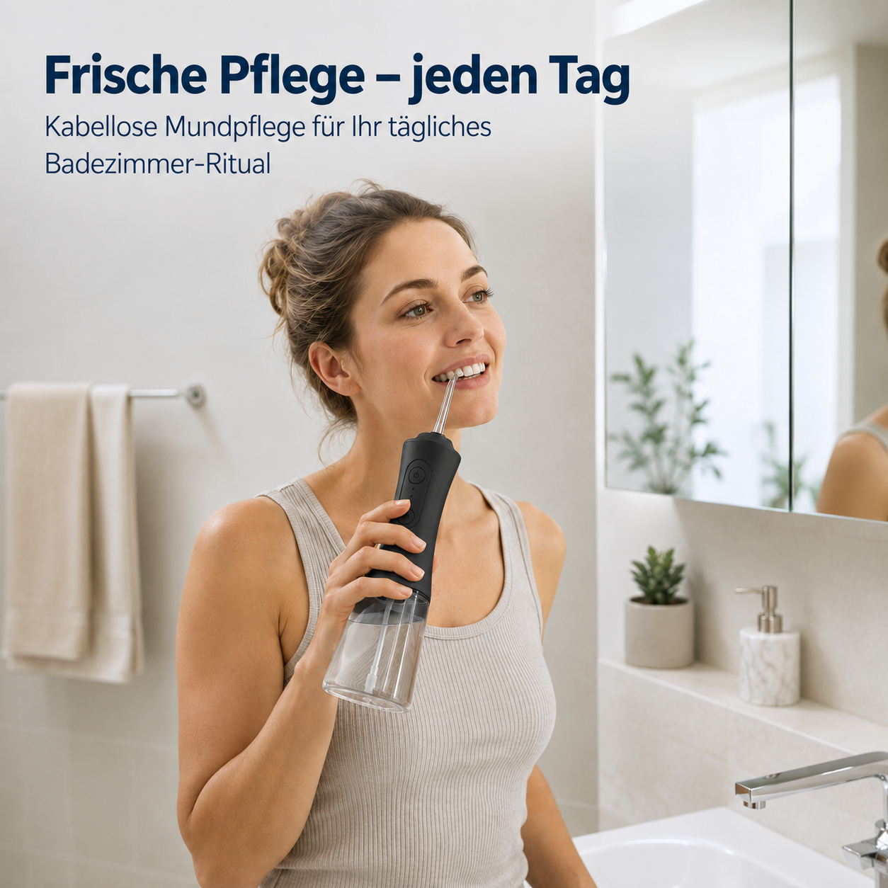 Eine Frau nutzt einen kabellosen Munddusche im Badezimmer vor dem Spiegel.