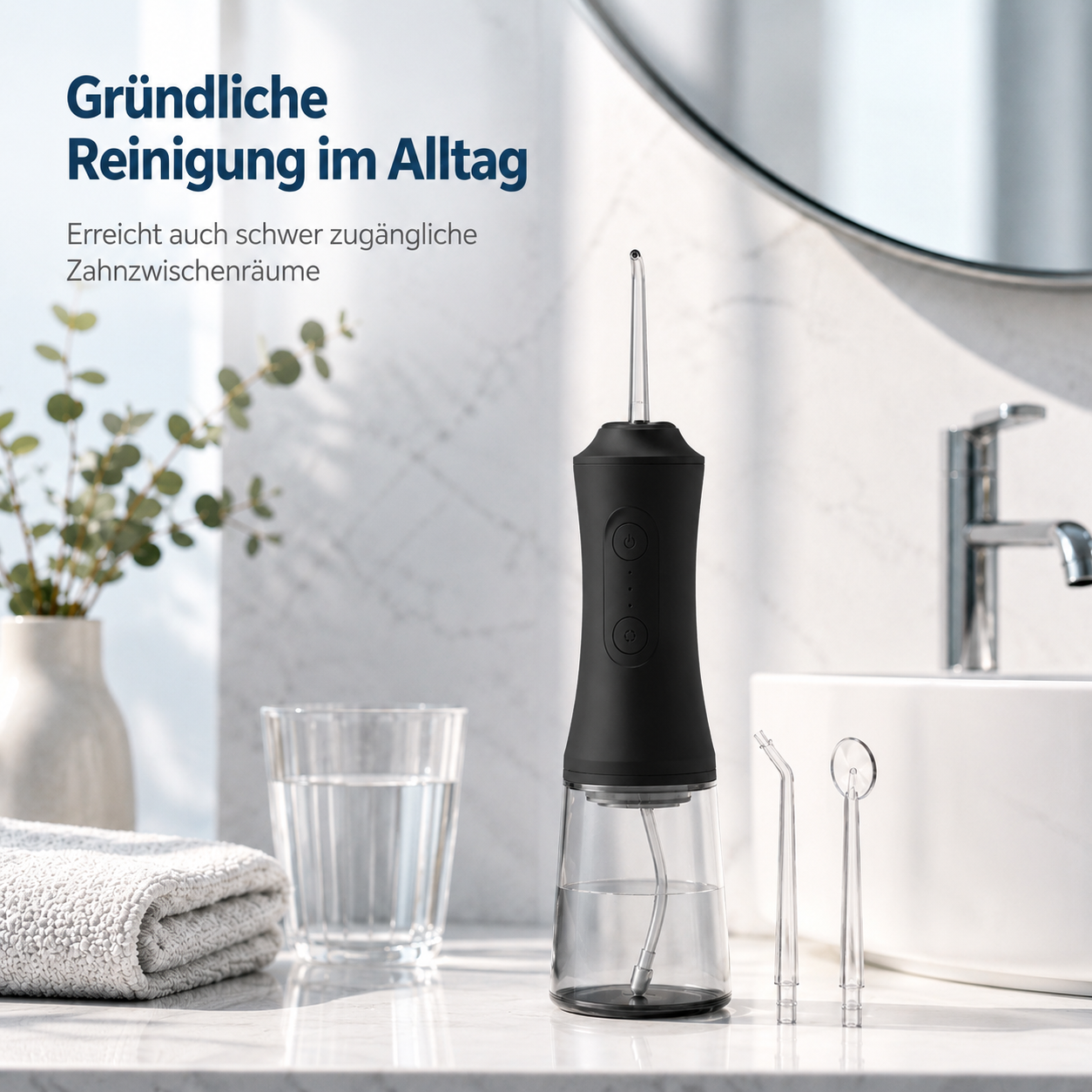 Eine schwarze Munddusche auf einem Waschbecken mit Glas und zwei Ersatzaufsätzen.