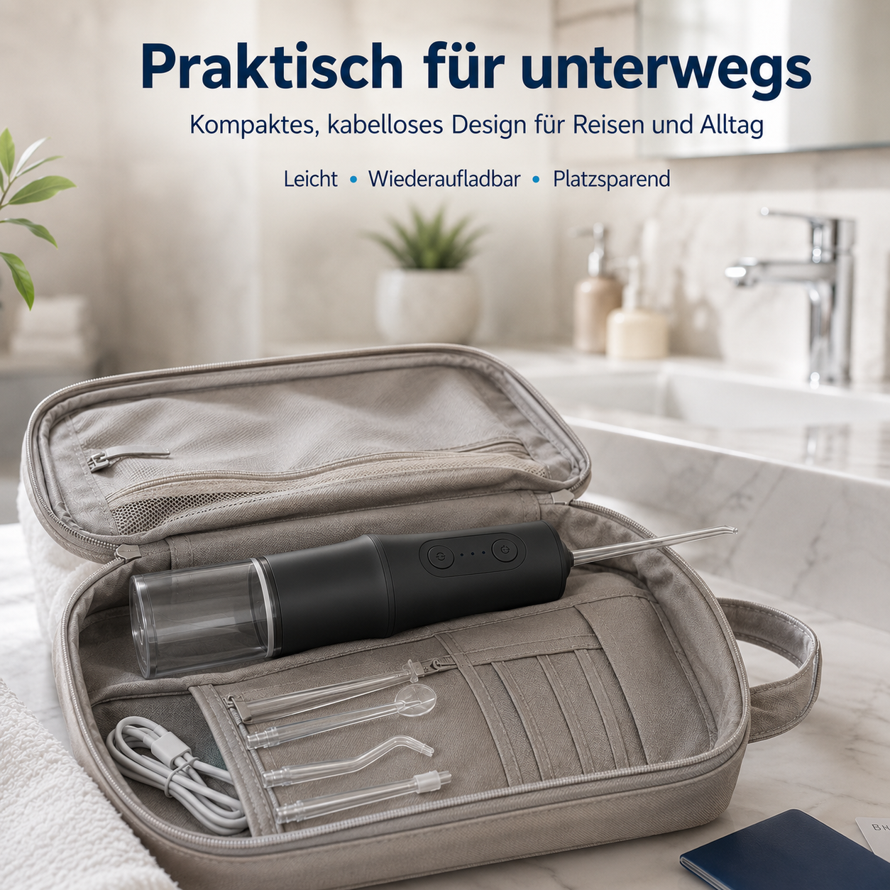 Eine schwarze Munddusche und Zubehör in einer offenen Tasche im Badezimmer.