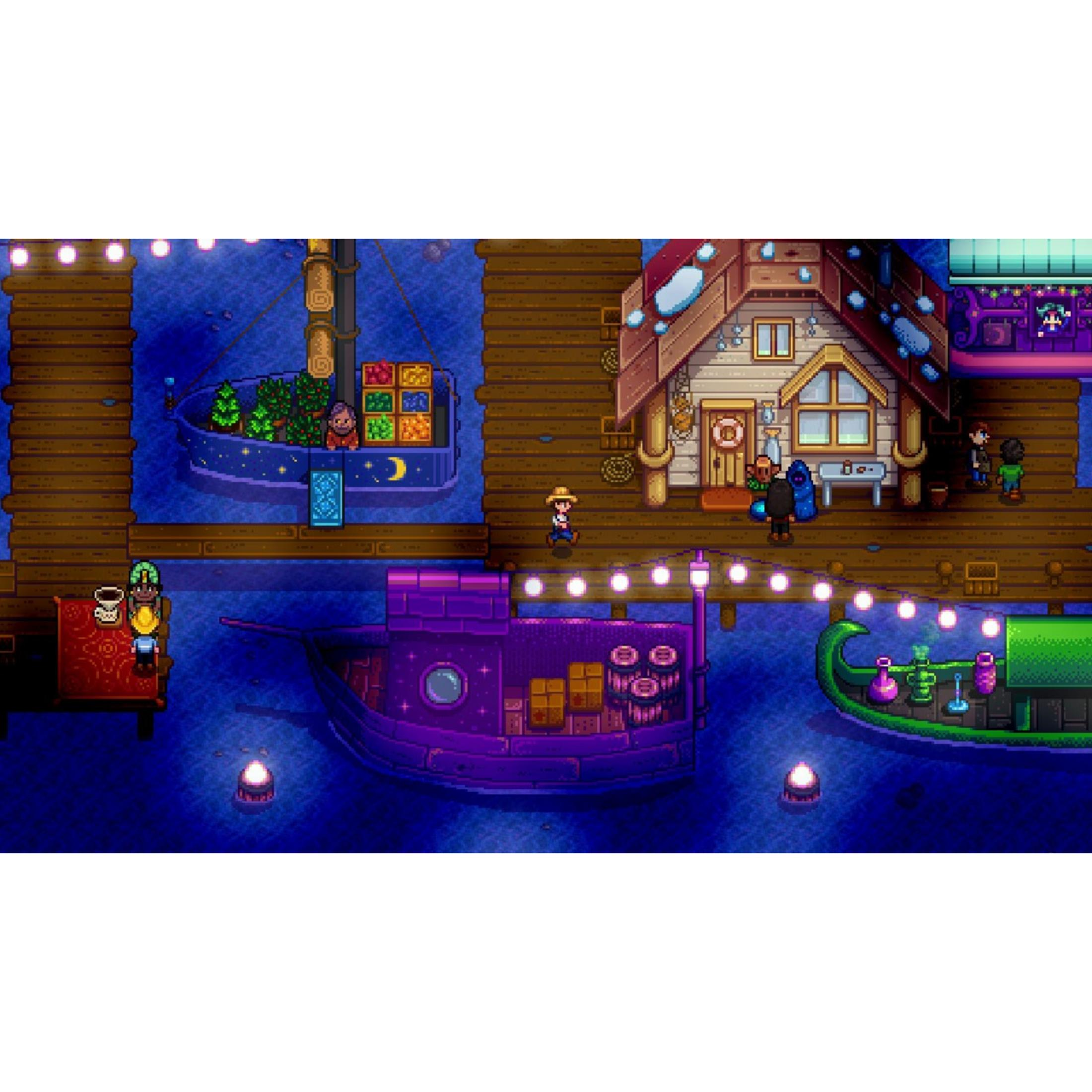 Pixel-Art-Nacht-Hafenszene mit Booten, einem beleuchteten Holzsteg und kleinen Figuren.