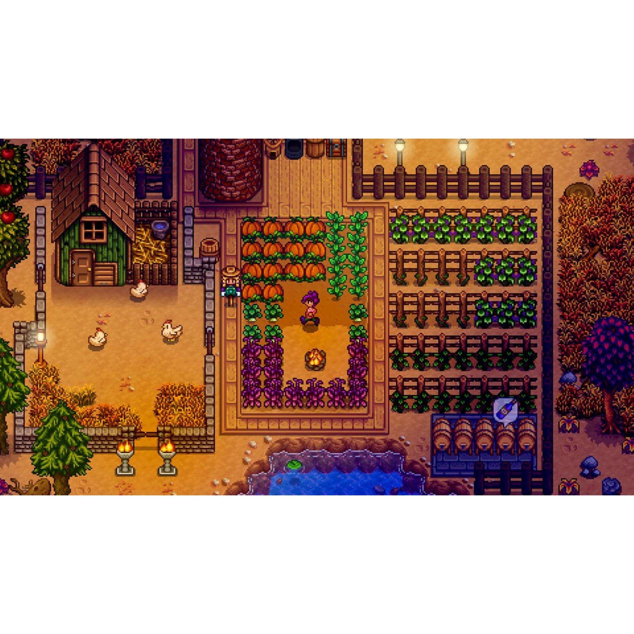 Eine Farm in Stardew Valley mit Feldern, Tieren, einem Bauernhaus, Fässern und einem kleinen Teich.