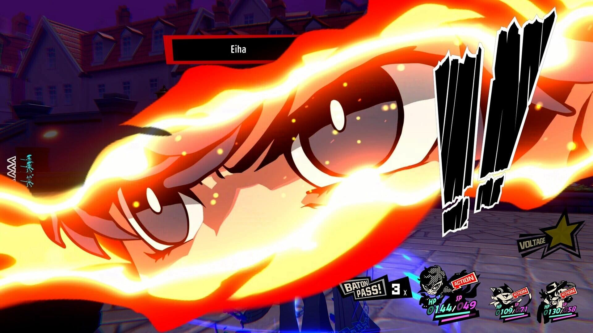 Anime-Augen in Flammen mit UI-Elementen vor einer Stadtkulisse.