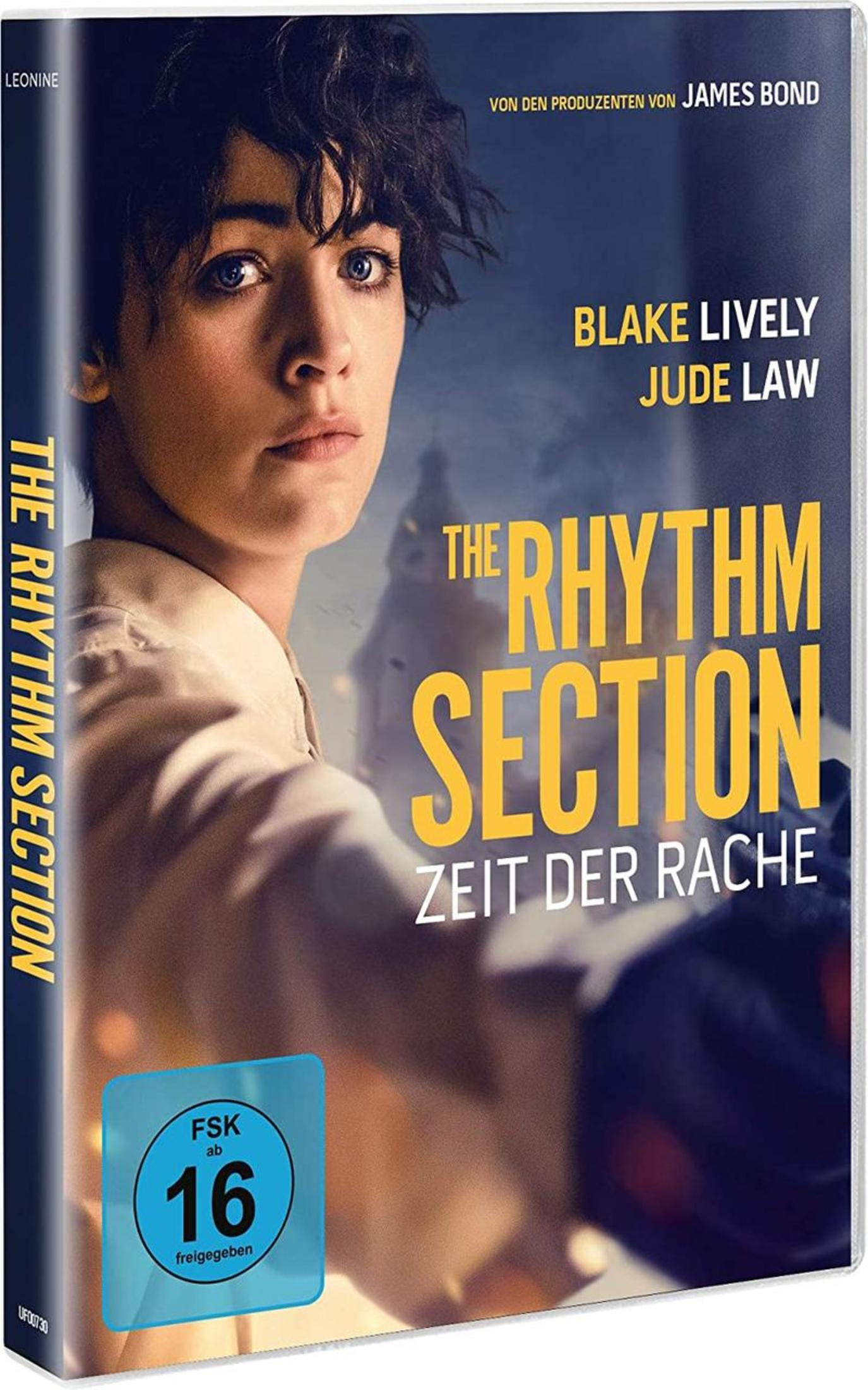 DVD-Hülle von The Rhythm Section mit Blake Lively mit kurzen dunklen Haaren vor verschwommenem Stadthintergrund.