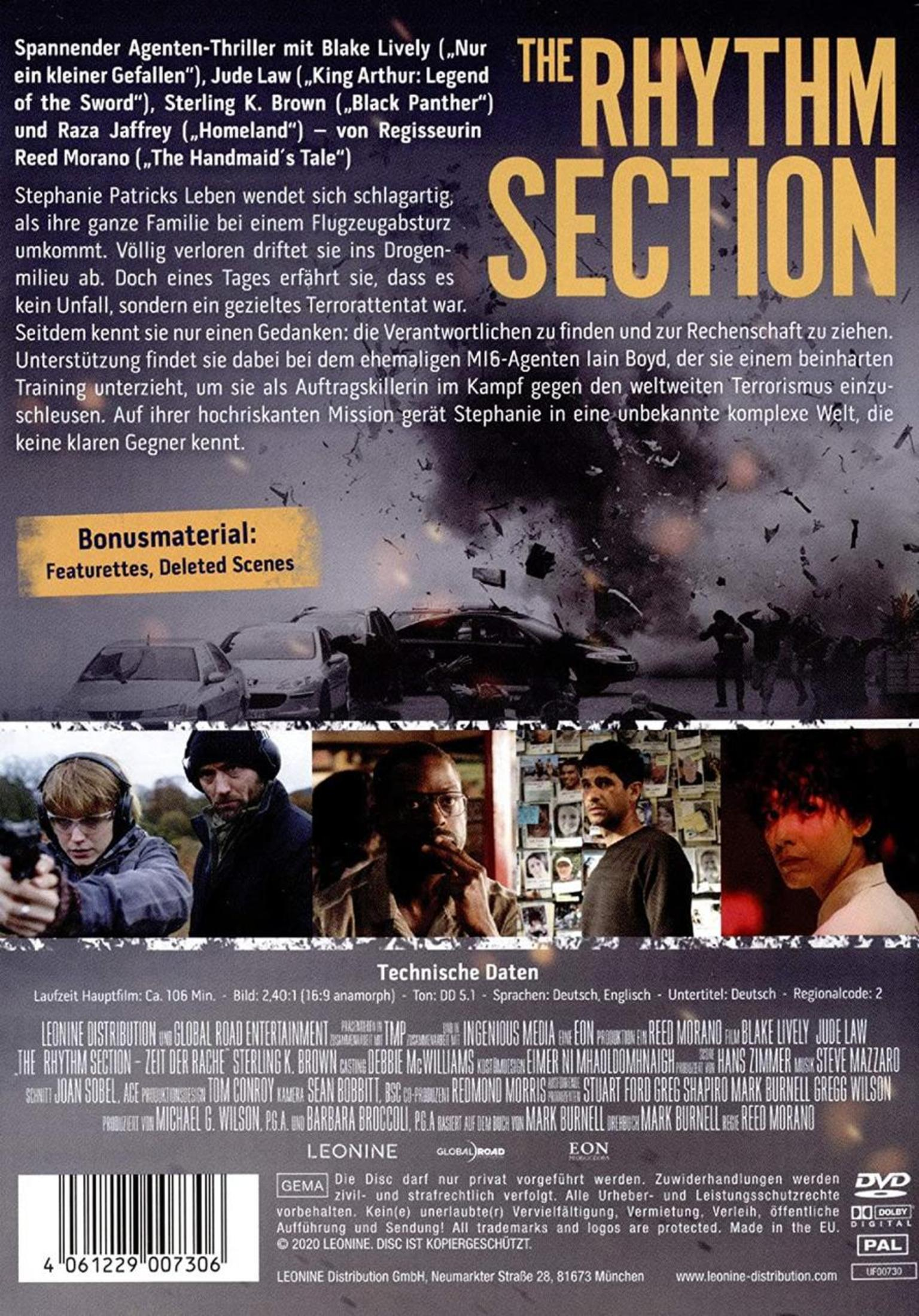 Rückseite einer DVD-Hülle des Films The Rhythm Section mit Beschreibung, Szenenbildern und technischen Daten.