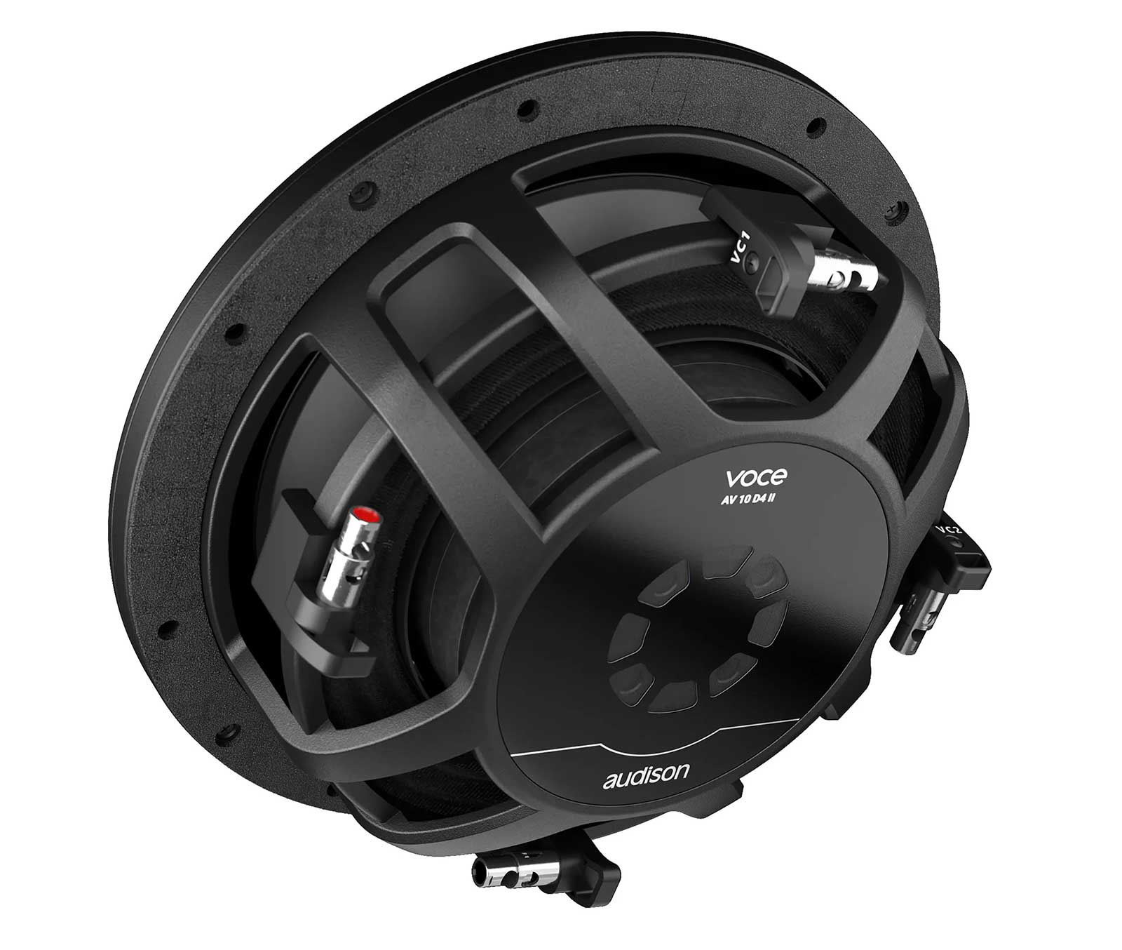 Ein schwarzer Audison AV 10 D4 II Subwoofer zeigt seine Rückstruktur, Anschlüsse und das Markenlogo vor weißem Hintergrund.