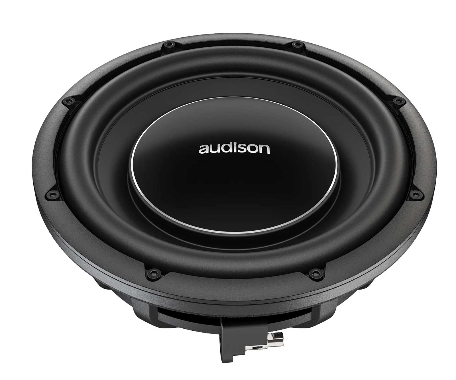 Ein schwarzer Audison Subwoofer mit runder Form und weißem Logo auf weißem Hintergrund.