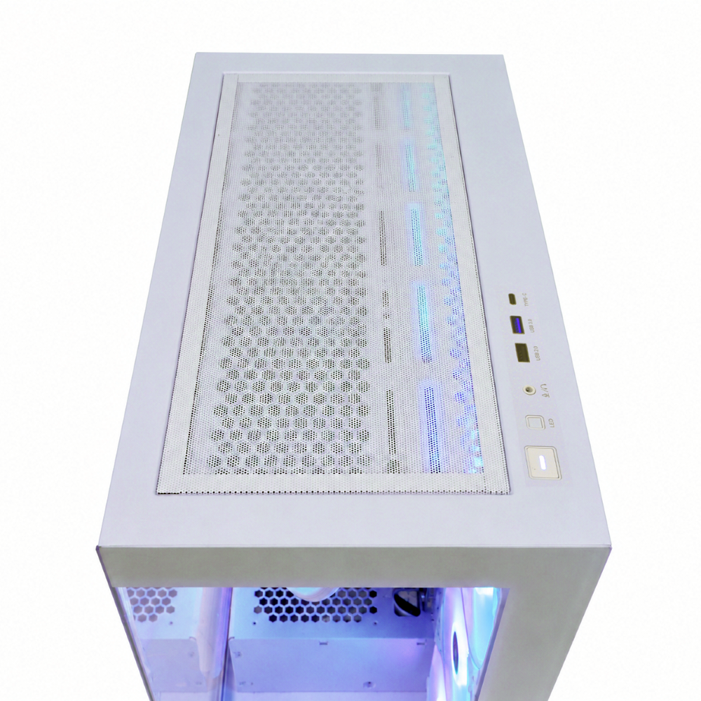 Weiße PC-Gehäuseoberseite mit Mesh-Gitter, USB-Anschlüssen und blauer LED-Innenbeleuchtung.