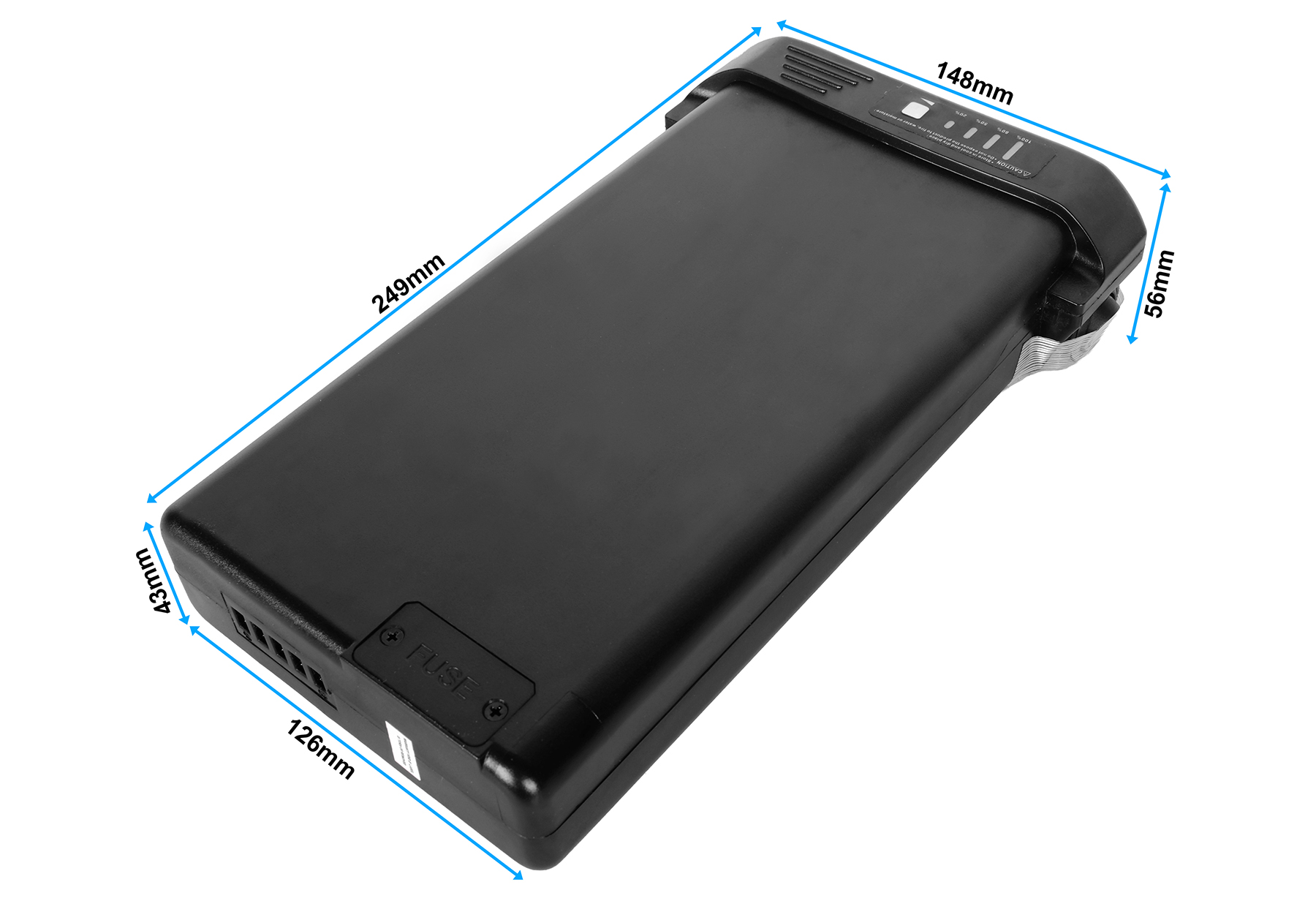 Schwarze rechteckige Batterie mit blauen Maßangaben in Millimetern auf weißem Hintergrund.