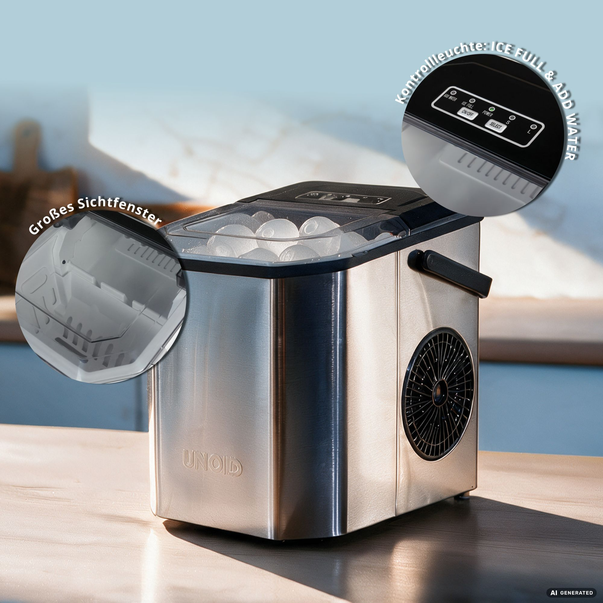 Macchina per il ghiaccio in acciaio inox con finestrella e pannello di controllo.