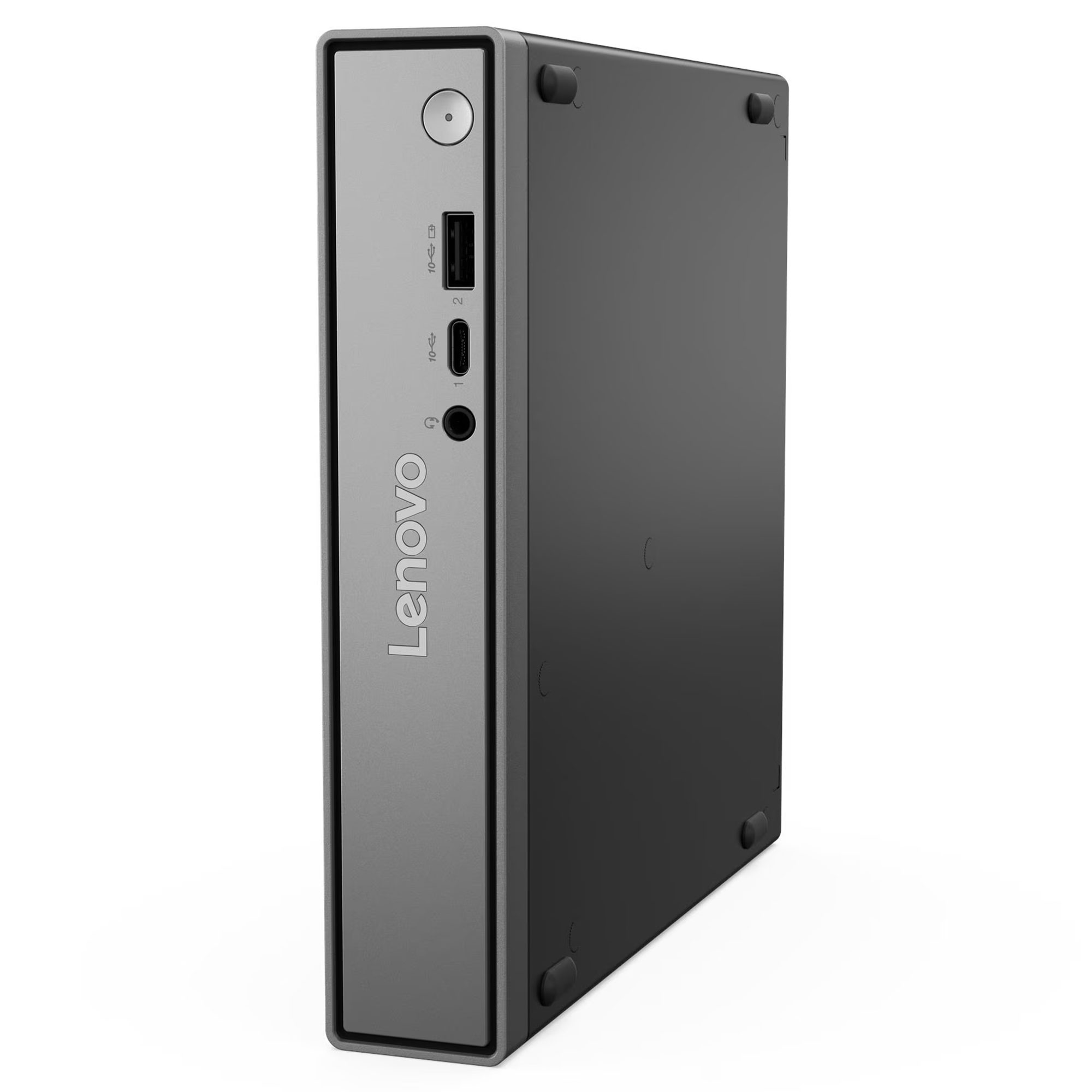 Beyaz bir yüzeyde duran gri bir Lenovo mini PC, ön ve yan bağlantı noktalarını gösteriyor.