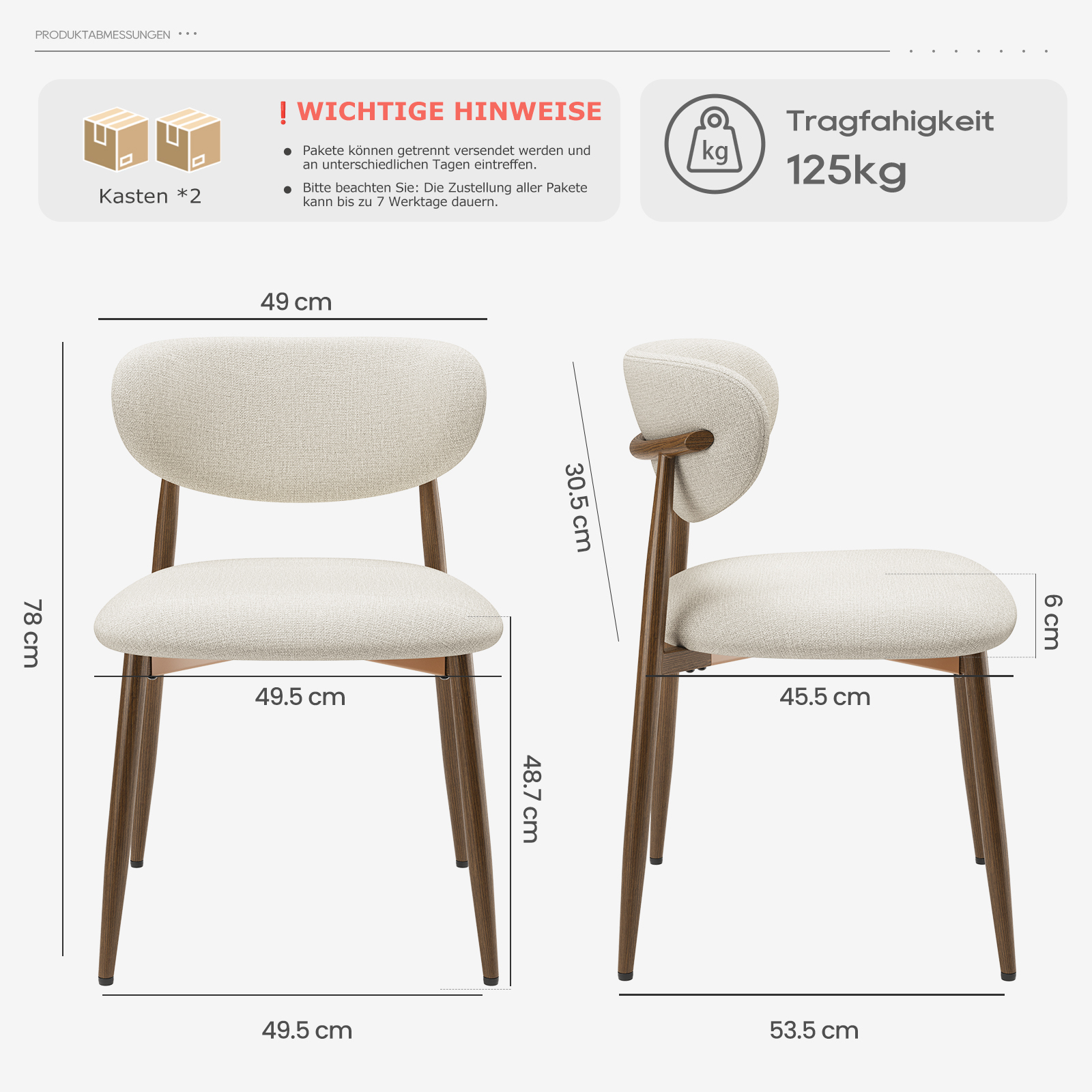 Disegno tecnico delle dimensioni della sedia con viste frontale e laterale e portata di 125 kg.