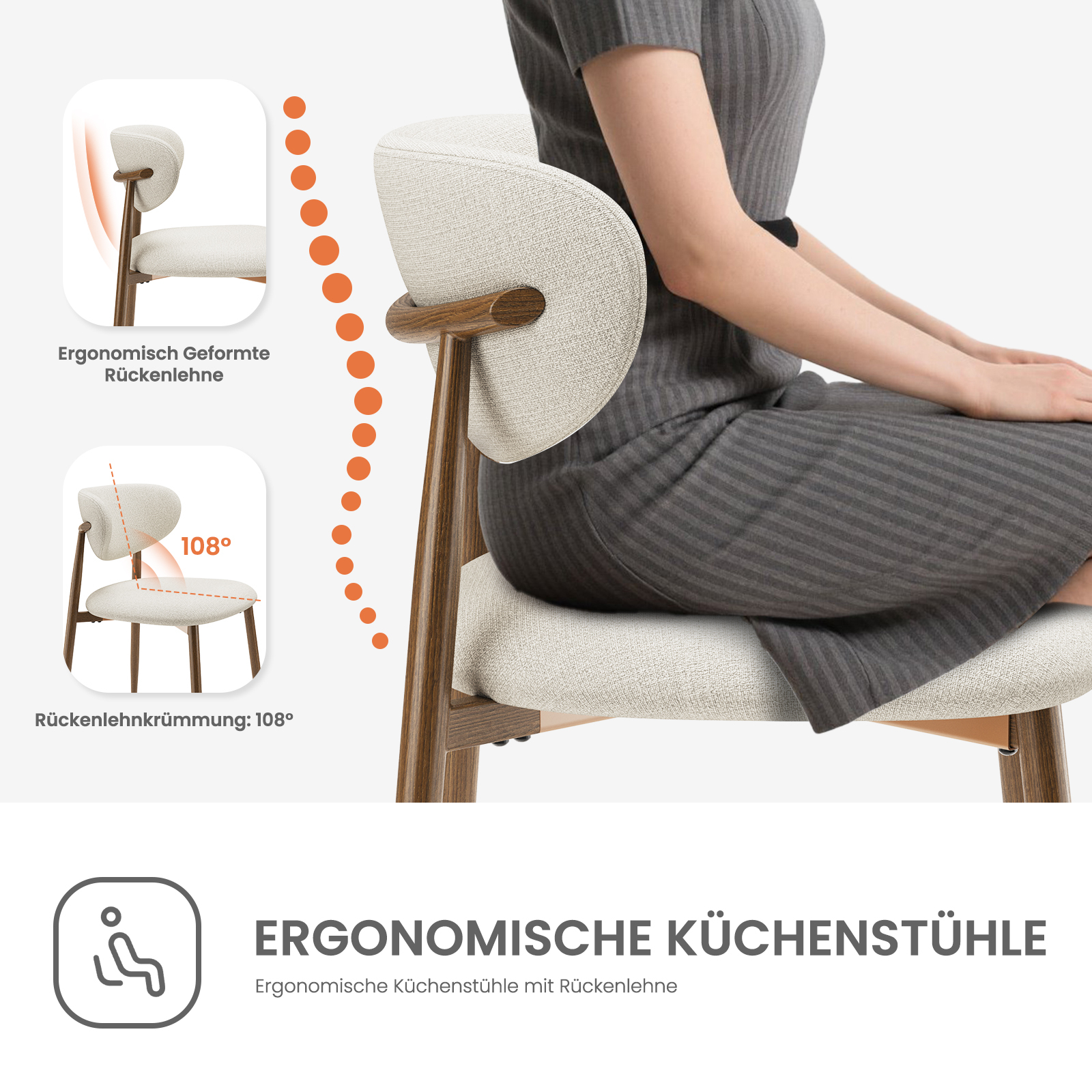 Una donna siede su una sedia ergonomica in legno, due riquadri mostrano i dettagli dello schienale.