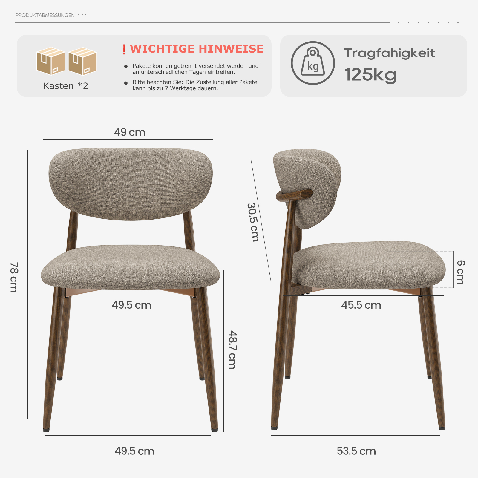 Disegno tecnico di una sedia imbottita beige con gambe in legno e quote in centimetri.