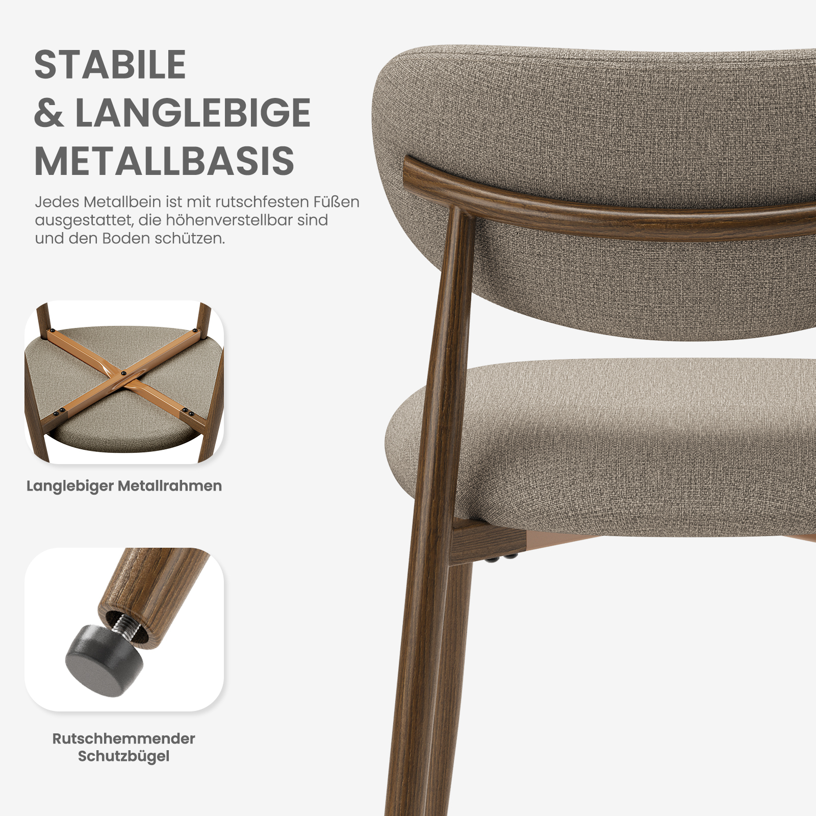 Una sedia in tessuto beige con gambe in legno e due inserti che mostrano il telaio in metallo e i piedi regolabili.