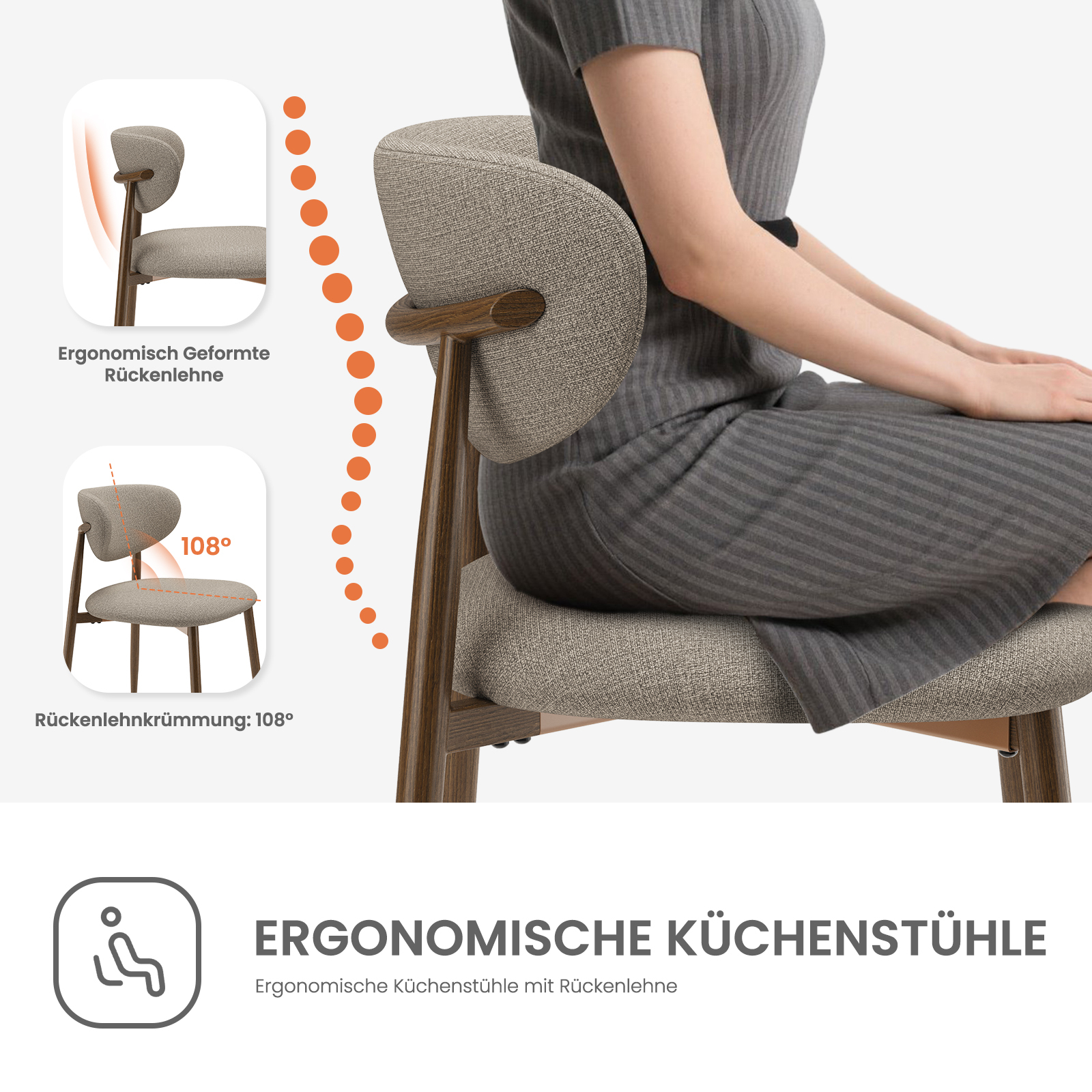 Una donna siede su una sedia da cucina ergonomica con gambe in legno e tessuto.